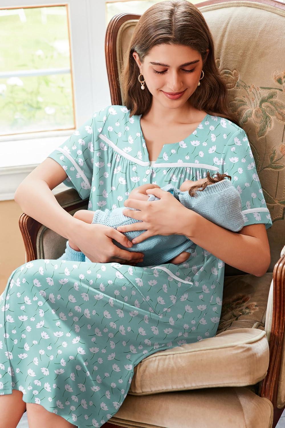 imageEkouaer Nightgowns for Women House Dress with Pockets Button Down Sleepshirt Short Sleeve Nightshirt Housecoat SXXXLGreen Floral