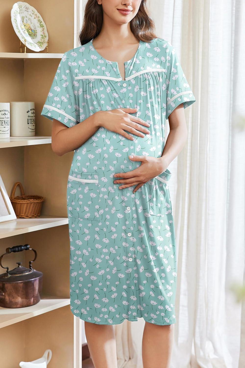 imageEkouaer Nightgowns for Women House Dress with Pockets Button Down Sleepshirt Short Sleeve Nightshirt Housecoat SXXXLGreen Floral