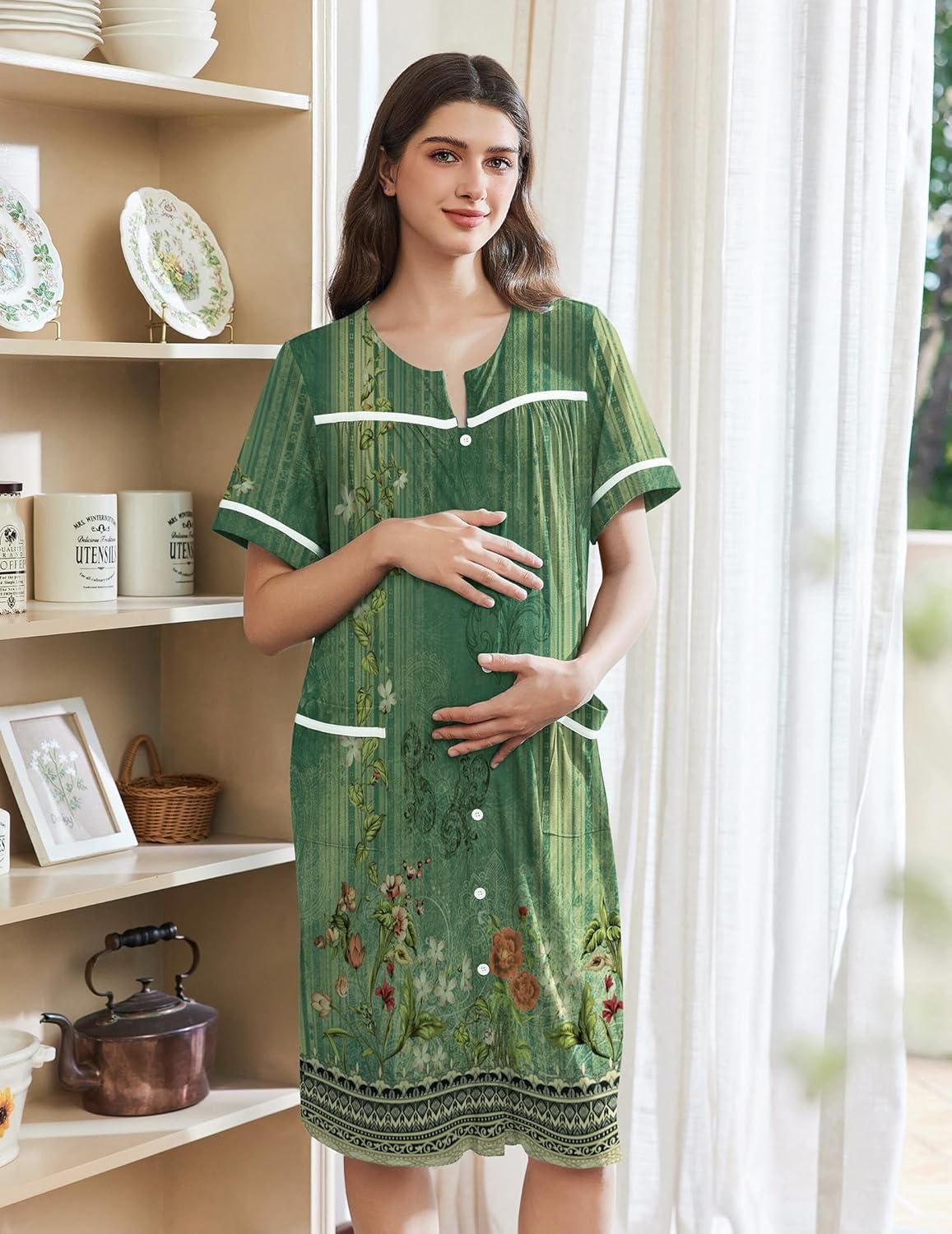 imageEkouaer Nightgowns for Women House Dress with Pockets Button Down Sleepshirt Short Sleeve Nightshirt Housecoat SXXXLGreen Flower