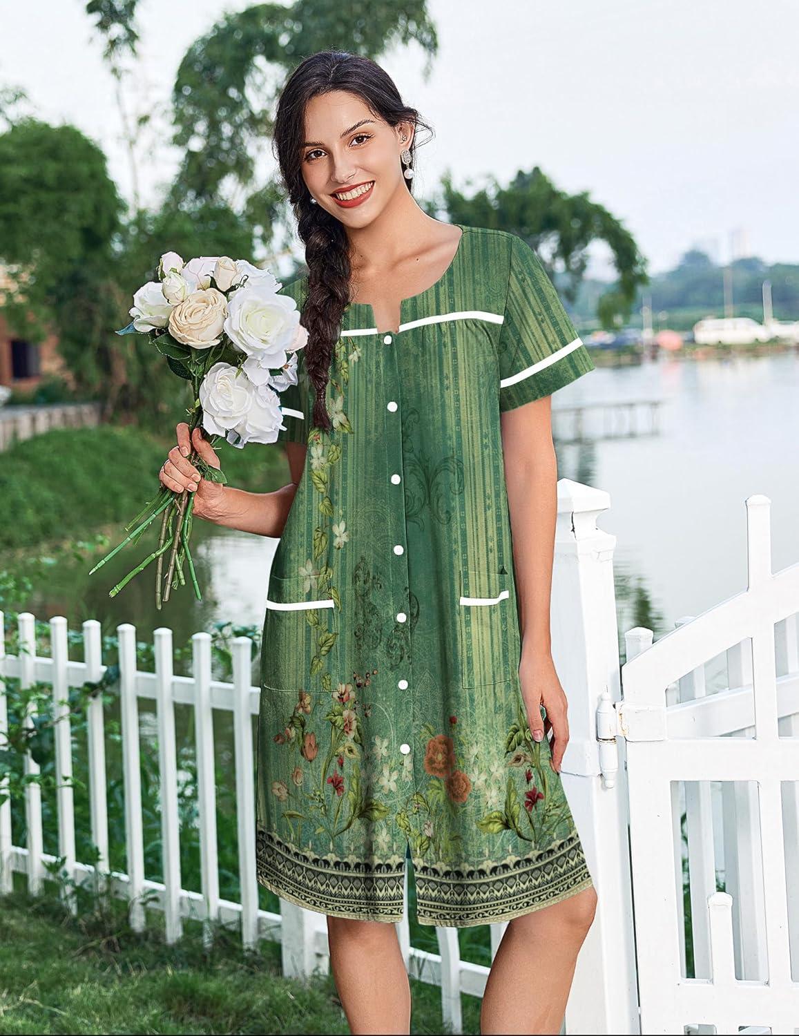 imageEkouaer Nightgowns for Women House Dress with Pockets Button Down Sleepshirt Short Sleeve Nightshirt Housecoat SXXXLGreen Flower