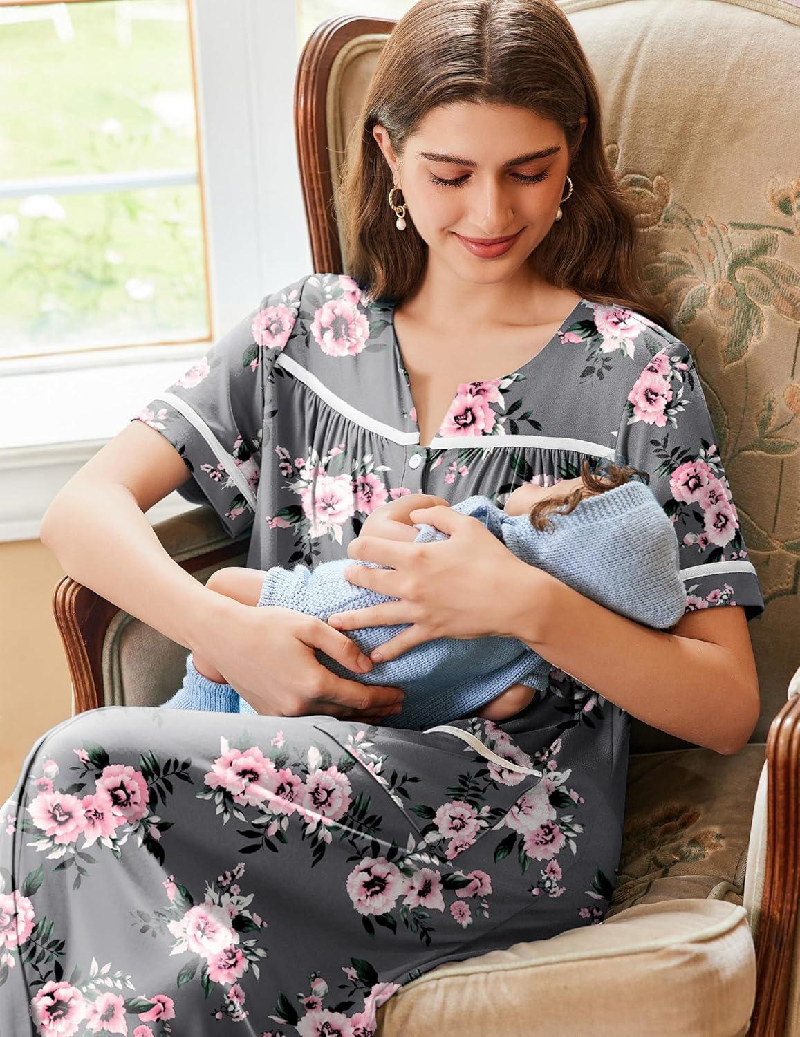 imageEkouaer Nightgowns for Women House Dress with Pockets Button Down Sleepshirt Short Sleeve Nightshirt Housecoat SXXXLGrey Floral
