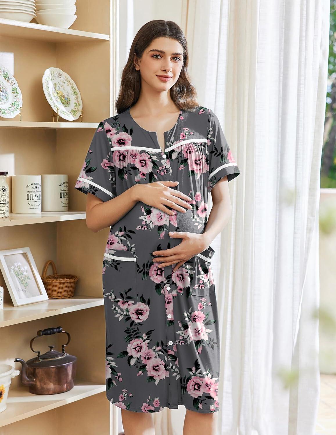 imageEkouaer Nightgowns for Women House Dress with Pockets Button Down Sleepshirt Short Sleeve Nightshirt Housecoat SXXXLGrey Floral