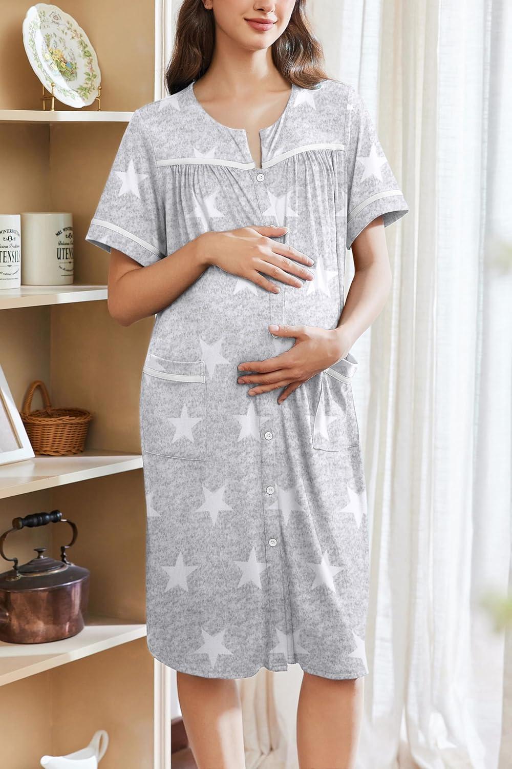 imageEkouaer Nightgowns for Women House Dress with Pockets Button Down Sleepshirt Short Sleeve Nightshirt Housecoat SXXXLGrey Stars