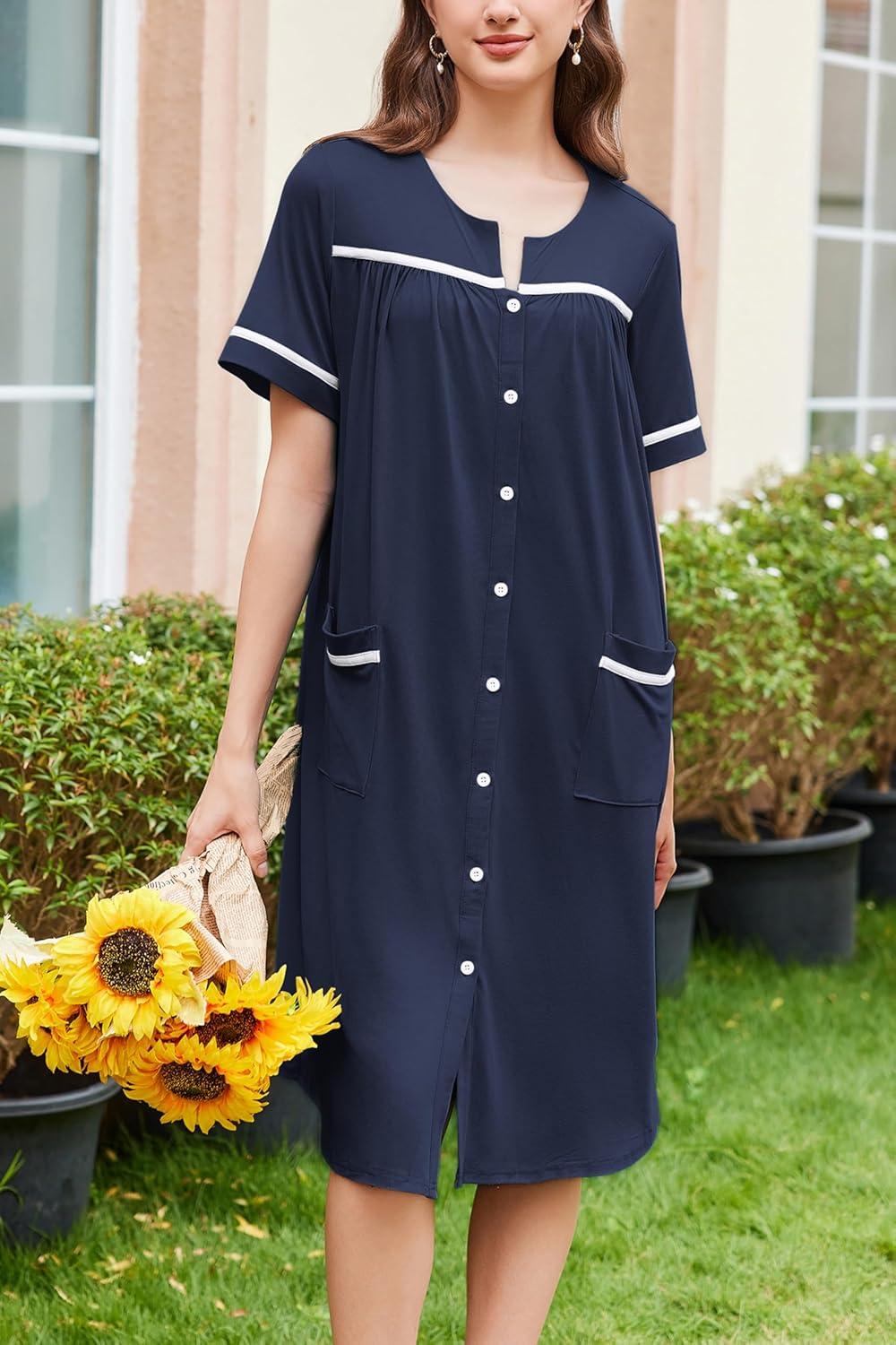 imageEkouaer Nightgowns for Women House Dress with Pockets Button Down Sleepshirt Short Sleeve Nightshirt Housecoat SXXXLNavy