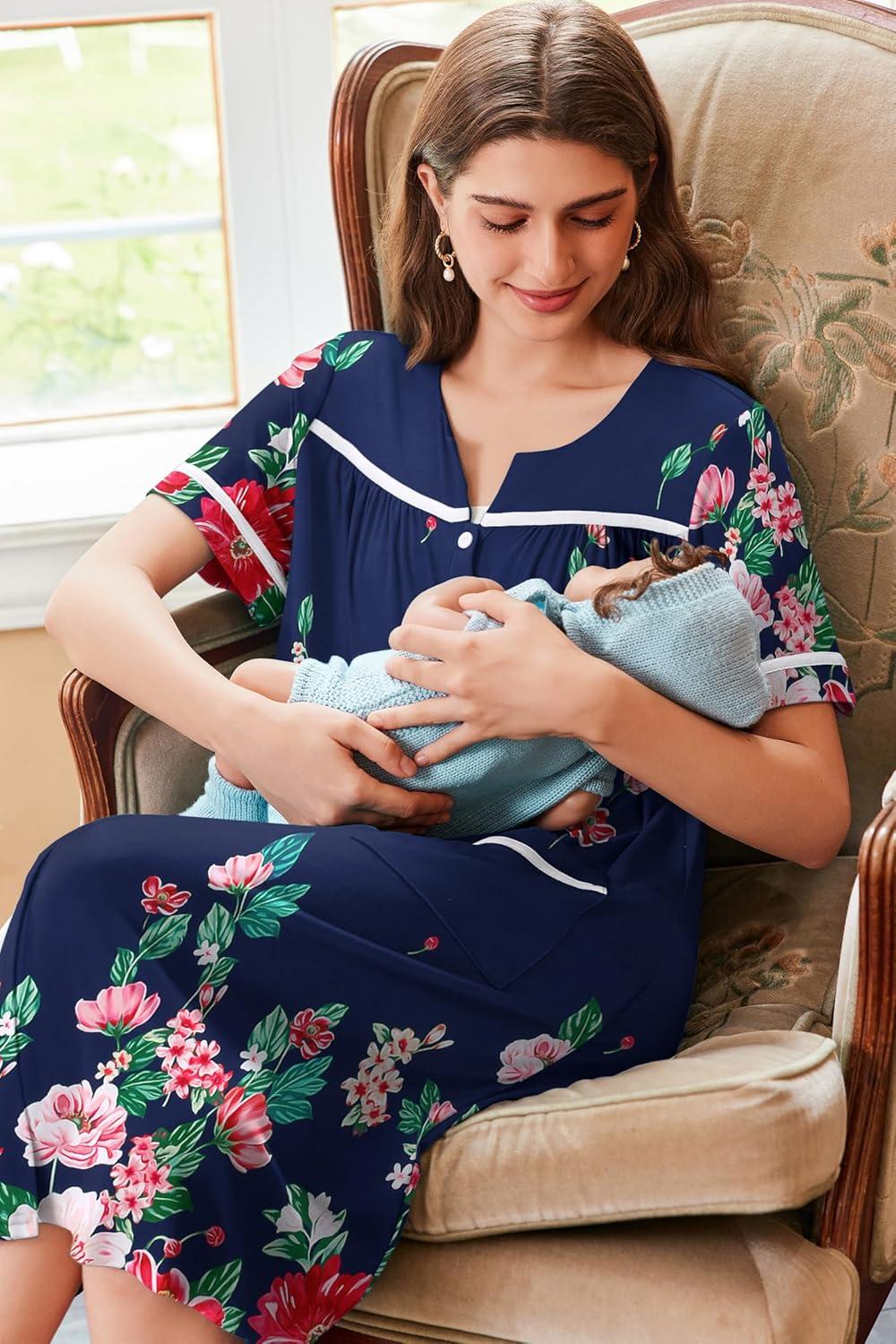 imageEkouaer Nightgowns for Women House Dress with Pockets Button Down Sleepshirt Short Sleeve Nightshirt Housecoat SXXXLNavy Flower