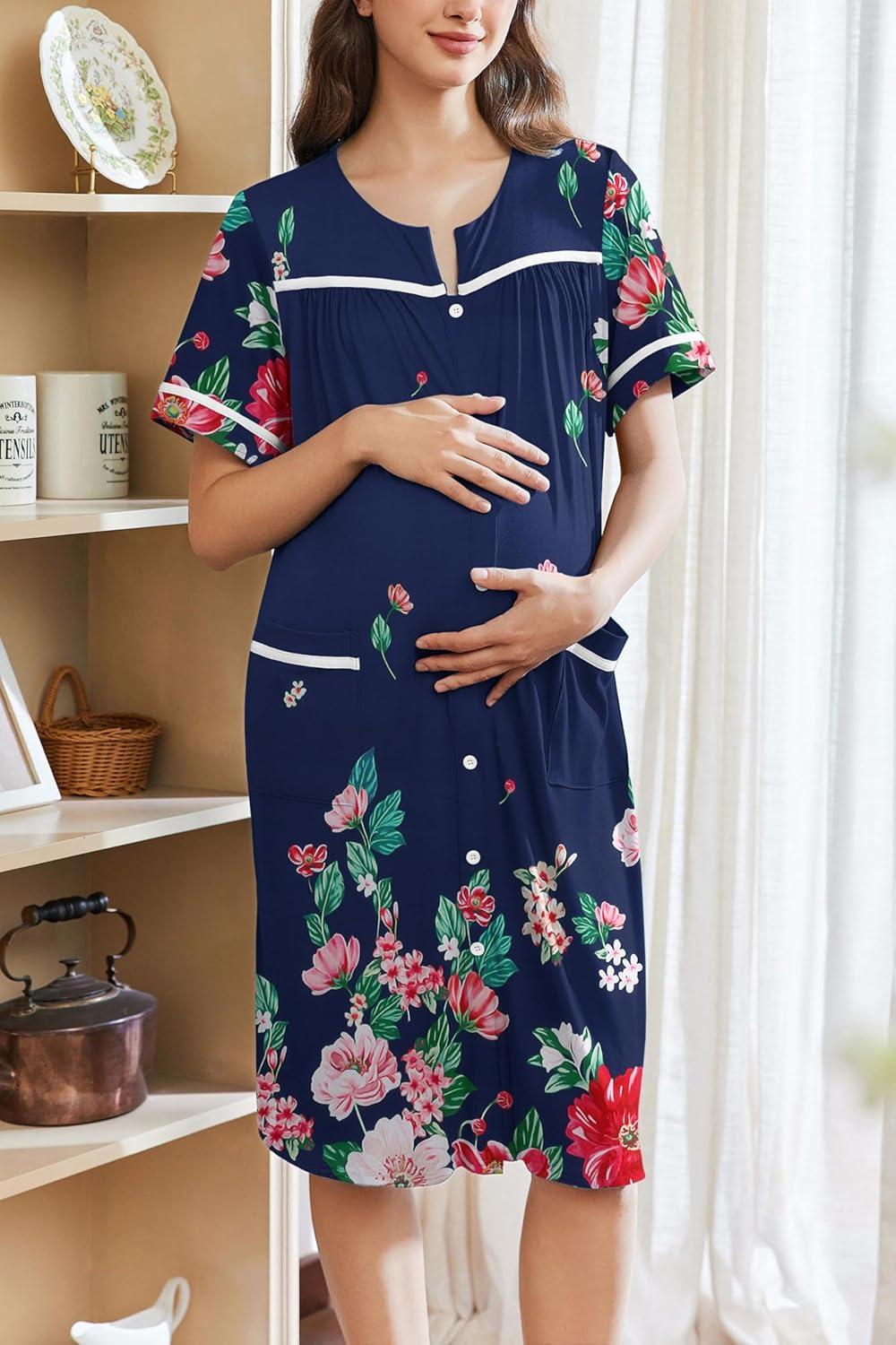 imageEkouaer Nightgowns for Women House Dress with Pockets Button Down Sleepshirt Short Sleeve Nightshirt Housecoat SXXXLNavy Flower