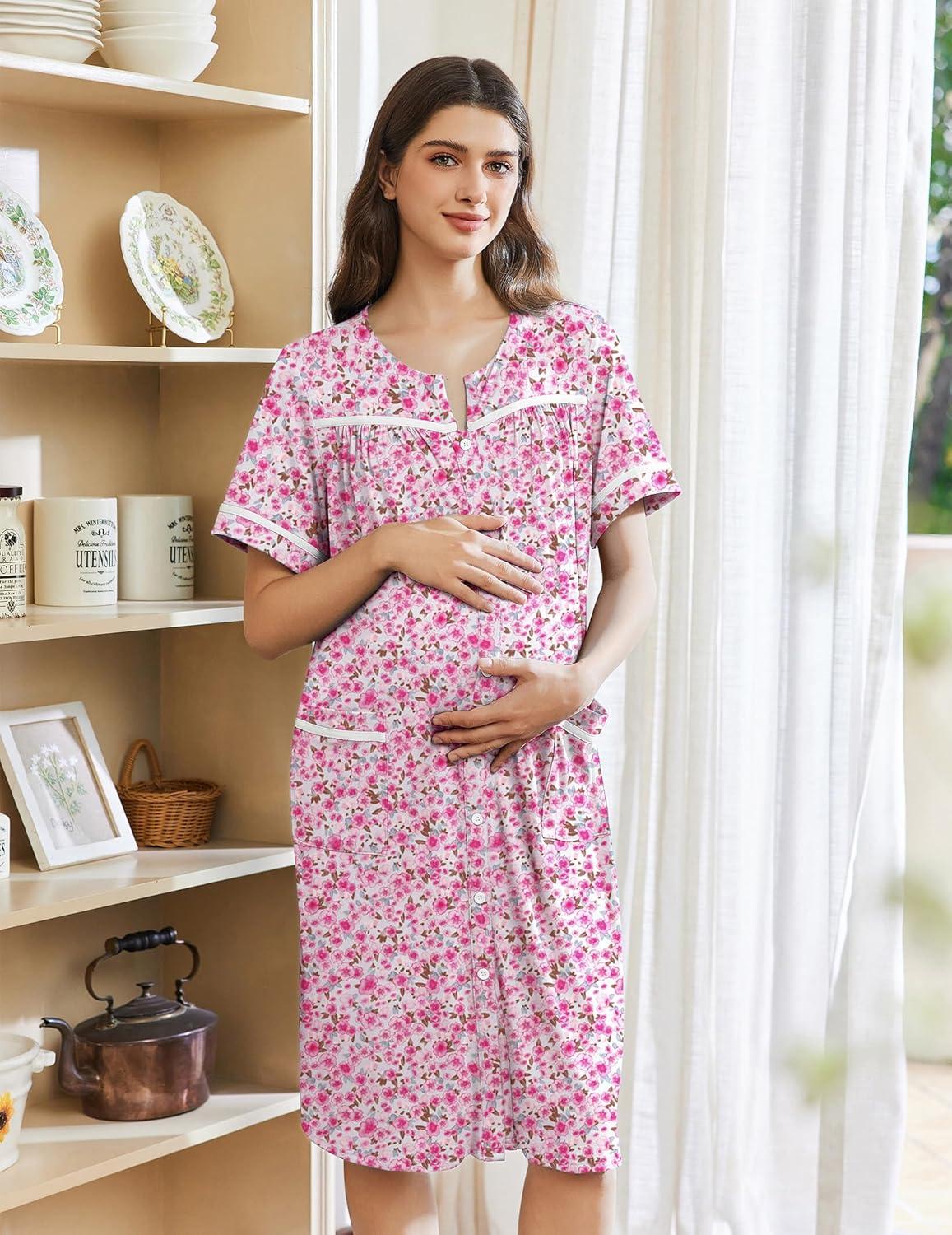 imageEkouaer Nightgowns for Women House Dress with Pockets Button Down Sleepshirt Short Sleeve Nightshirt Housecoat SXXXLPink Floral