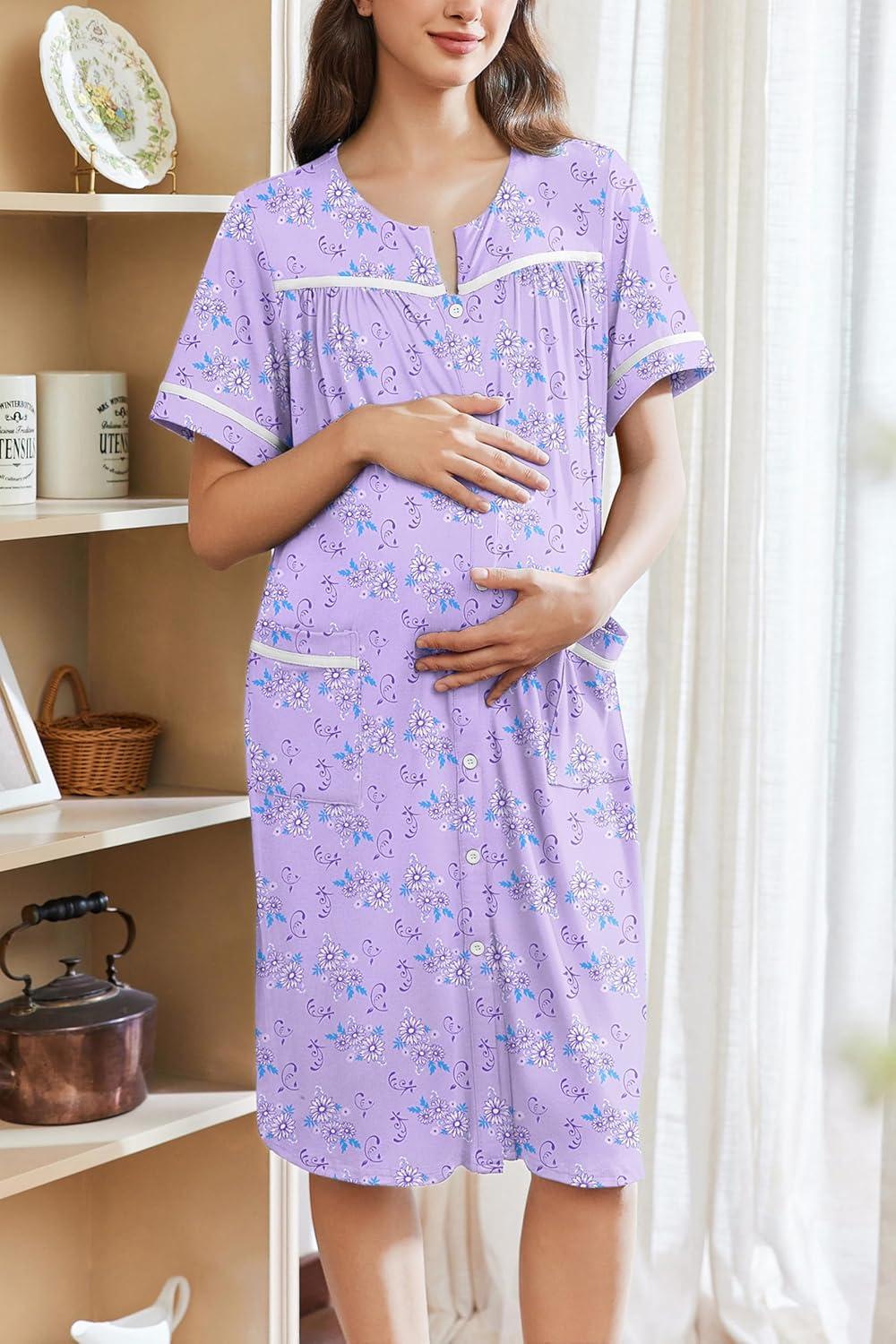 imageEkouaer Nightgowns for Women House Dress with Pockets Button Down Sleepshirt Short Sleeve Nightshirt Housecoat SXXXLPurple Floral