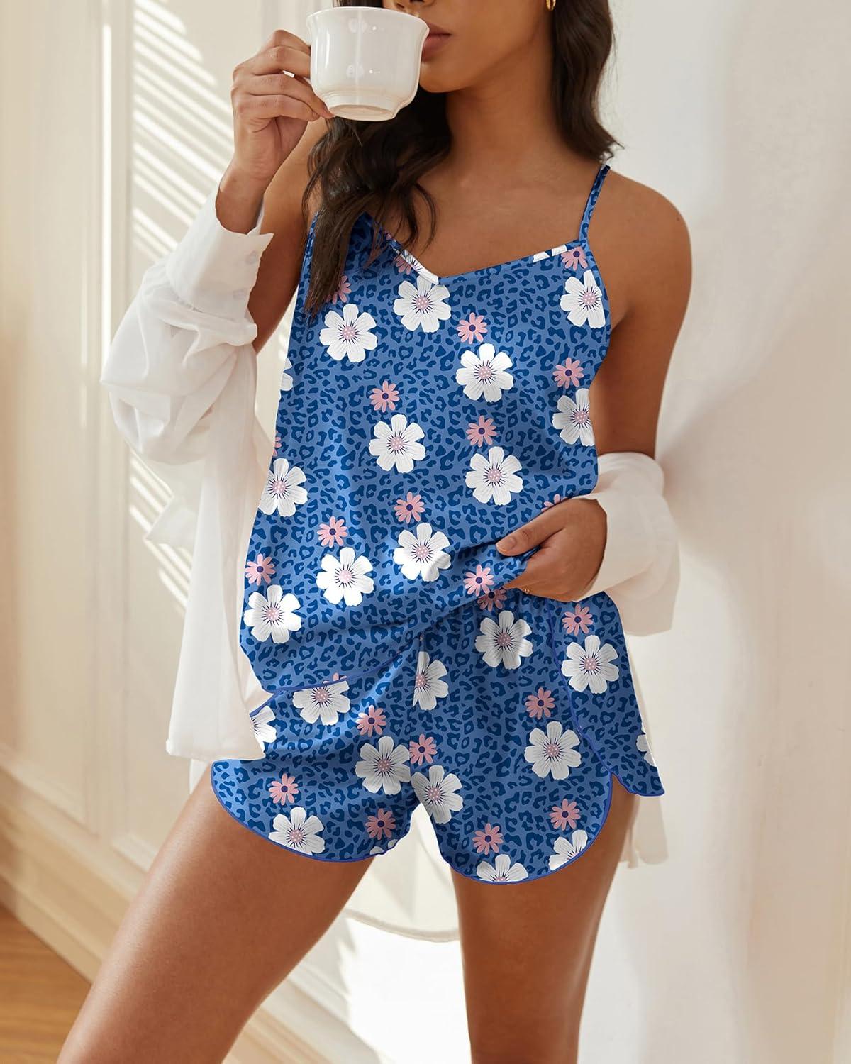 imageEkouaer Satin Pajama Sets for Women 2 Piece Silky Cami Pj Set Soft Nightwear Lingerie Sleepwear SetBlue Flowers Leopard
