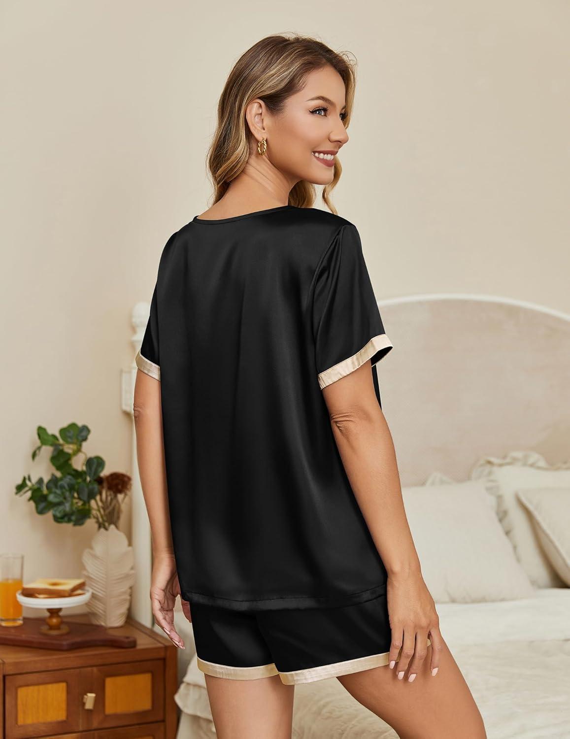 imageEkouaer Silk Pajamas for Women Short Sleeve Satin Sleepwear Soft 2 Piece Pjs Shorts Set LoungewearSXXBlack