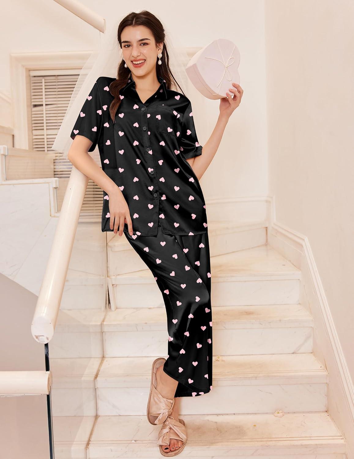 imageEkouaer Silk Pajamas for Womens Set 2 Piece Satin Pjs Soft Button Down Sleepwear Wide Leg Long Pants with PocketsBlack Heart