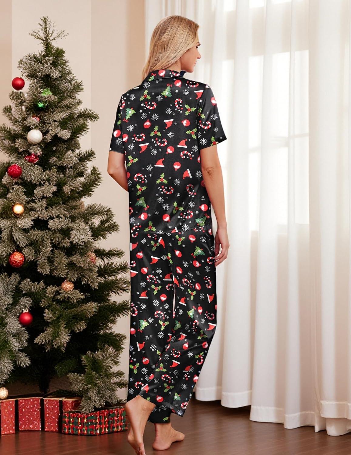 imageEkouaer Silk Pajamas for Womens Set 2 Piece Satin Pjs Soft Button Down Sleepwear Wide Leg Long Pants with PocketsBlackchristmas