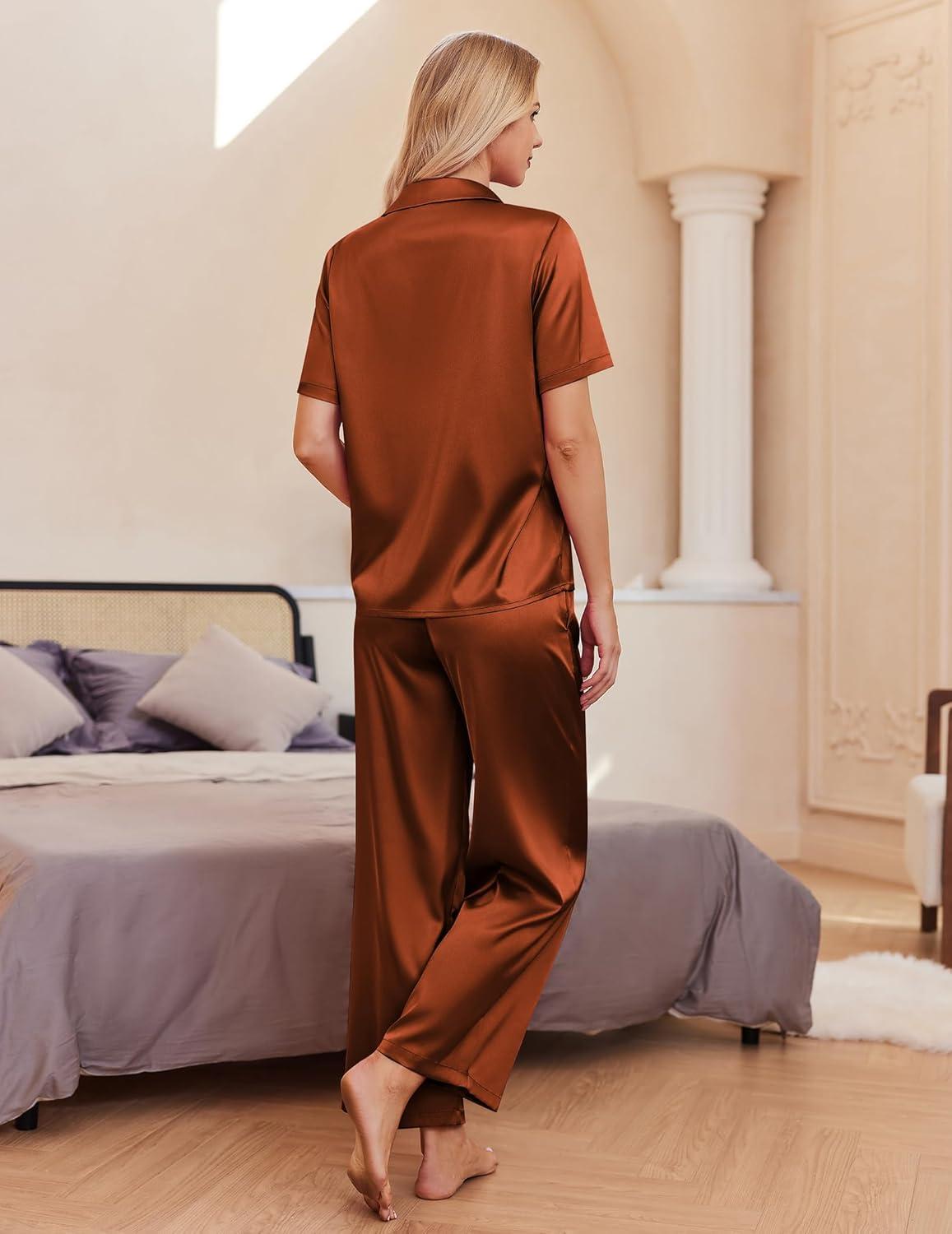 imageEkouaer Silk Pajamas for Womens Set 2 Piece Satin Pjs Soft Button Down Sleepwear Wide Leg Long Pants with PocketsCaramel