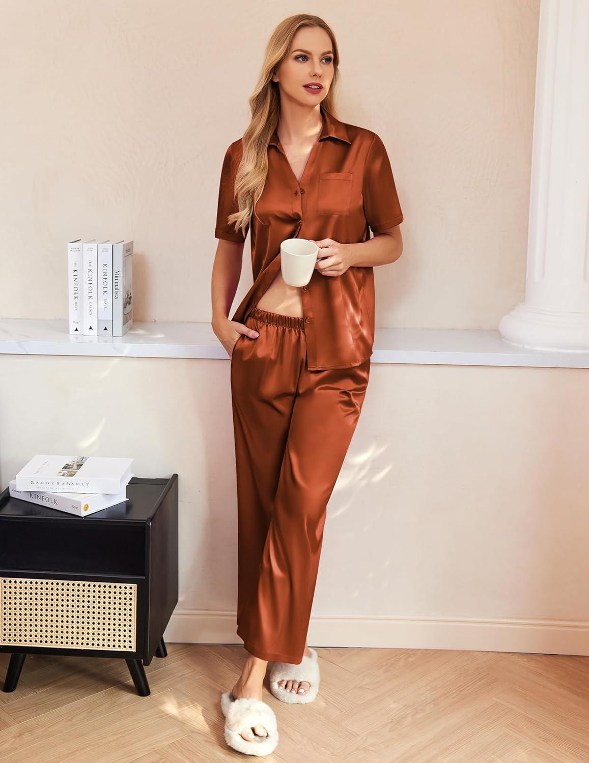 imageEkouaer Silk Pajamas for Womens Set 2 Piece Satin Pjs Soft Button Down Sleepwear Wide Leg Long Pants with PocketsCaramel