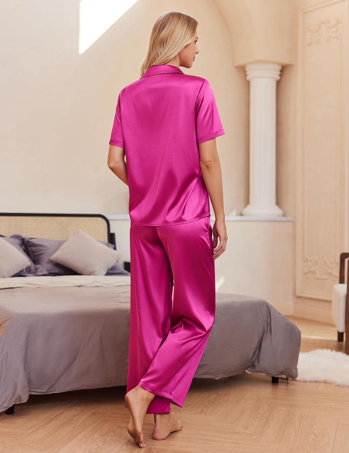 imageEkouaer Silk Pajamas for Womens Set 2 Piece Satin Pjs Soft Button Down Sleepwear Wide Leg Long Pants with PocketsHot Pink