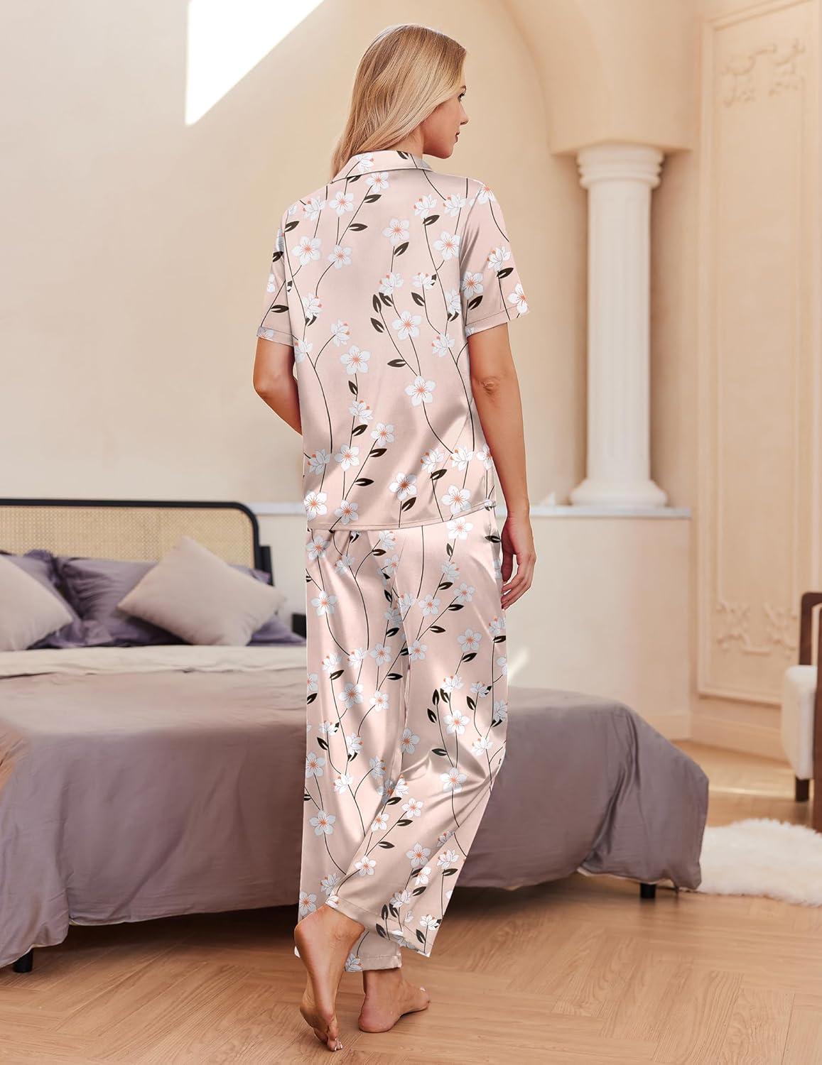 imageEkouaer Silk Pajamas for Womens Set 2 Piece Satin Pjs Soft Button Down Sleepwear Wide Leg Long Pants with PocketsKhakiflower