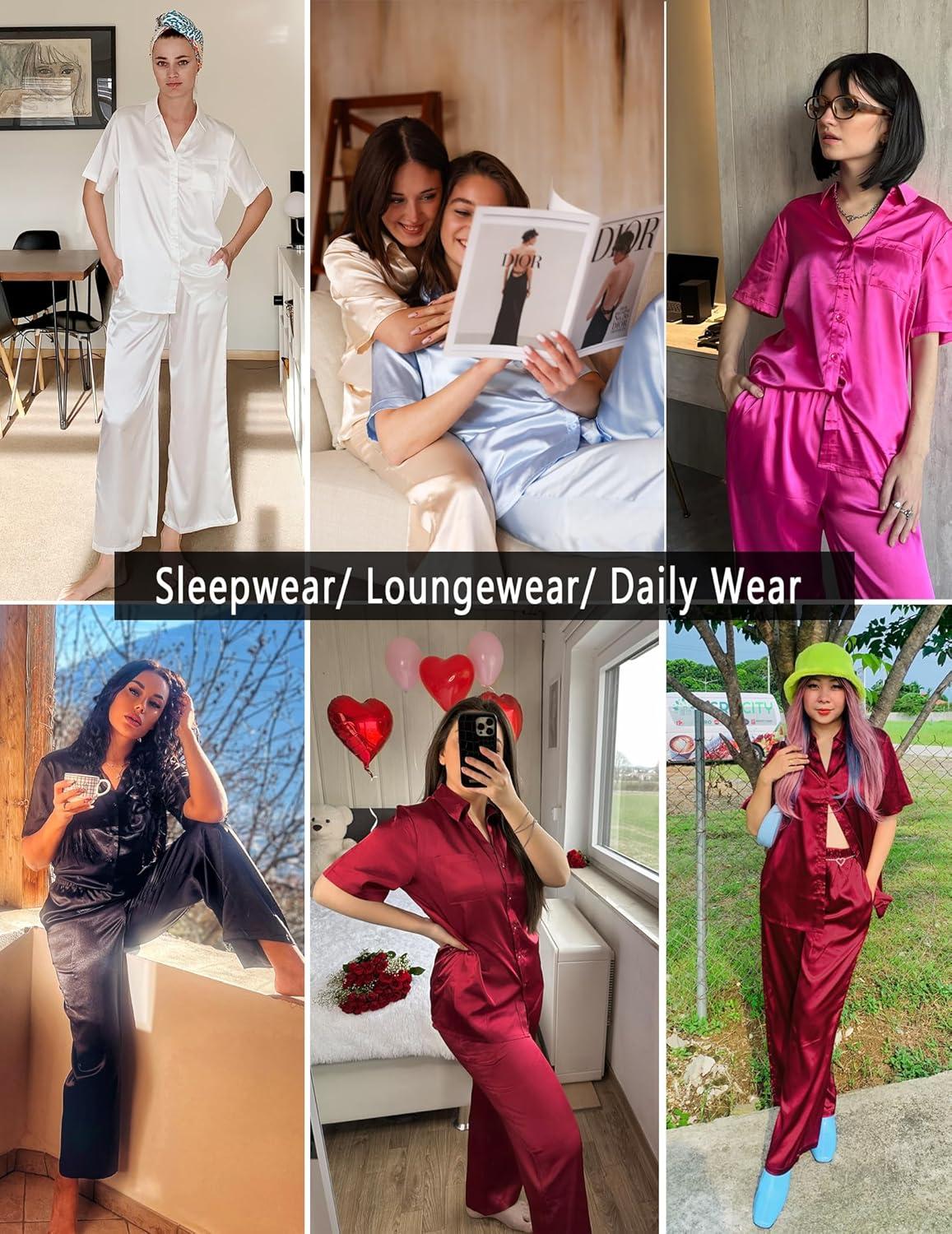 imageEkouaer Silk Pajamas for Womens Set 2 Piece Satin Pjs Soft Button Down Sleepwear Wide Leg Long Pants with PocketsKhakiflower