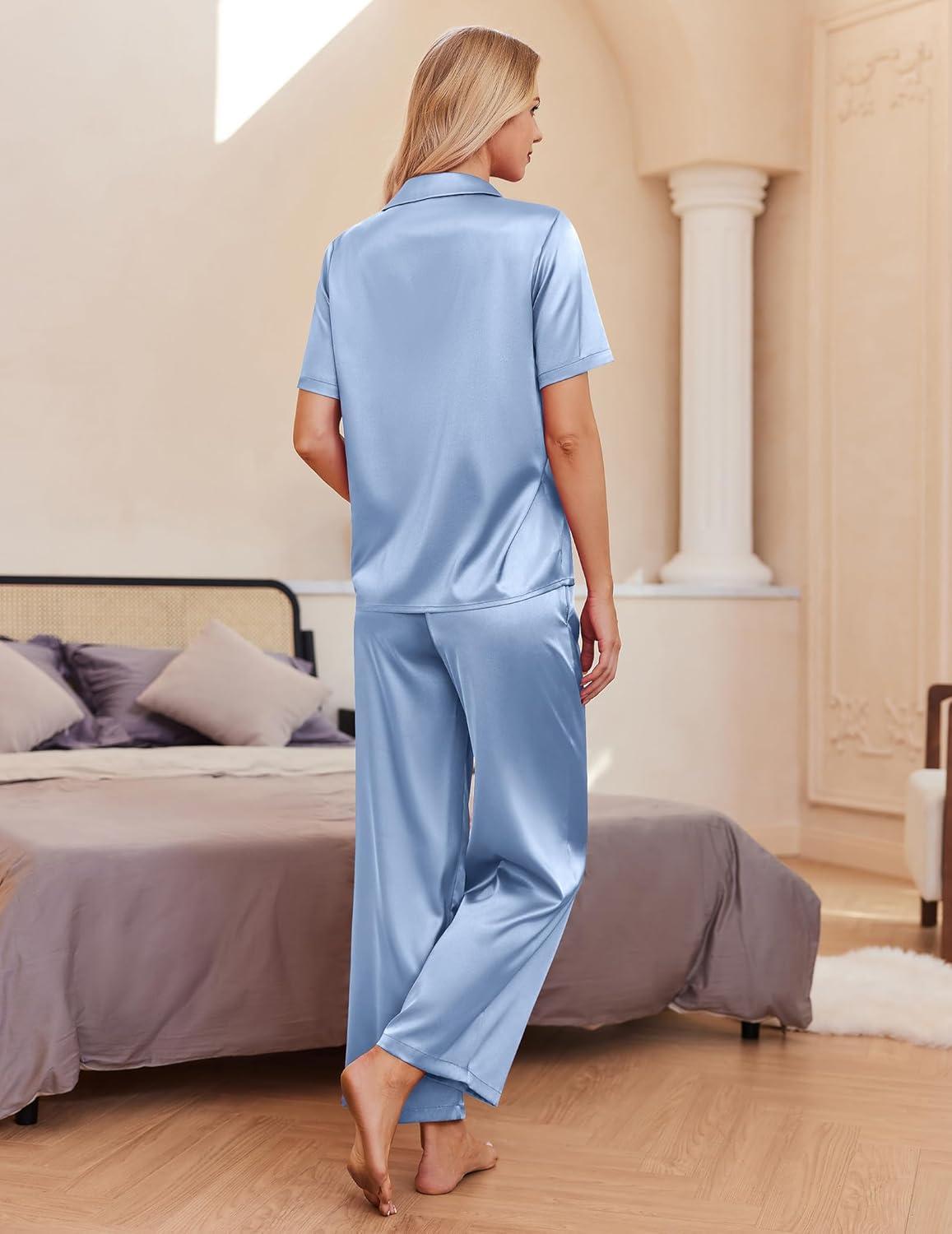 imageEkouaer Silk Pajamas for Womens Set 2 Piece Satin Pjs Soft Button Down Sleepwear Wide Leg Long Pants with PocketsLight Blue
