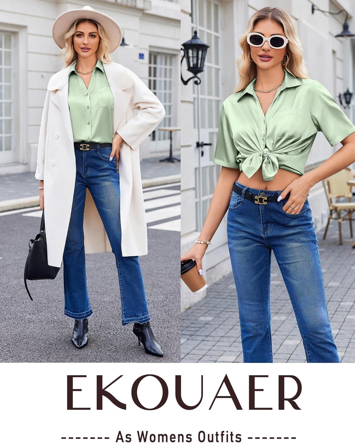 imageEkouaer Silk Pajamas for Womens Set 2 Piece Satin Pjs Soft Button Down Sleepwear Wide Leg Long Pants with PocketsLight Green
