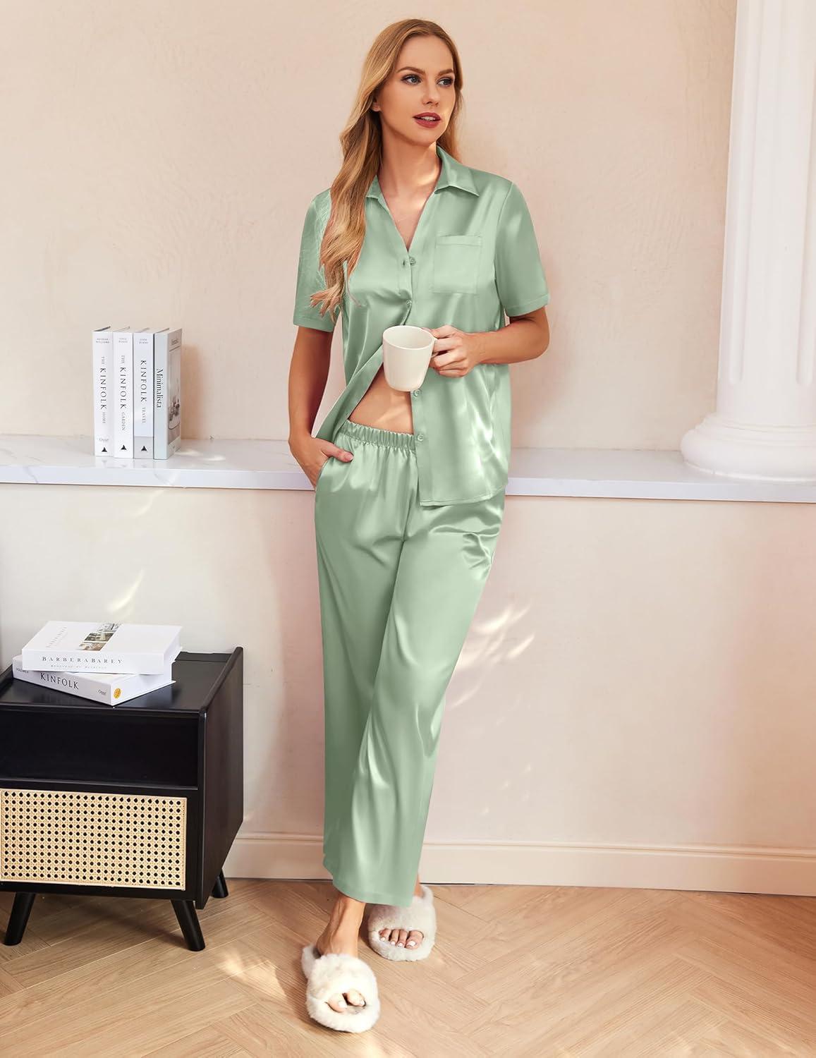 imageEkouaer Silk Pajamas for Womens Set 2 Piece Satin Pjs Soft Button Down Sleepwear Wide Leg Long Pants with PocketsLight Green