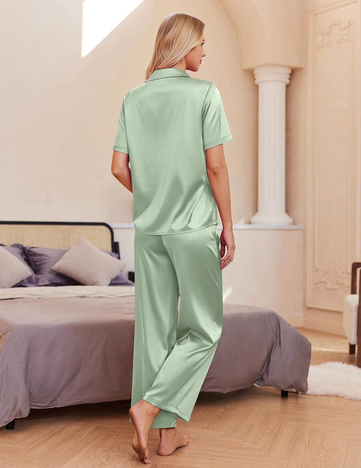 imageEkouaer Silk Pajamas for Womens Set 2 Piece Satin Pjs Soft Button Down Sleepwear Wide Leg Long Pants with PocketsLight Green