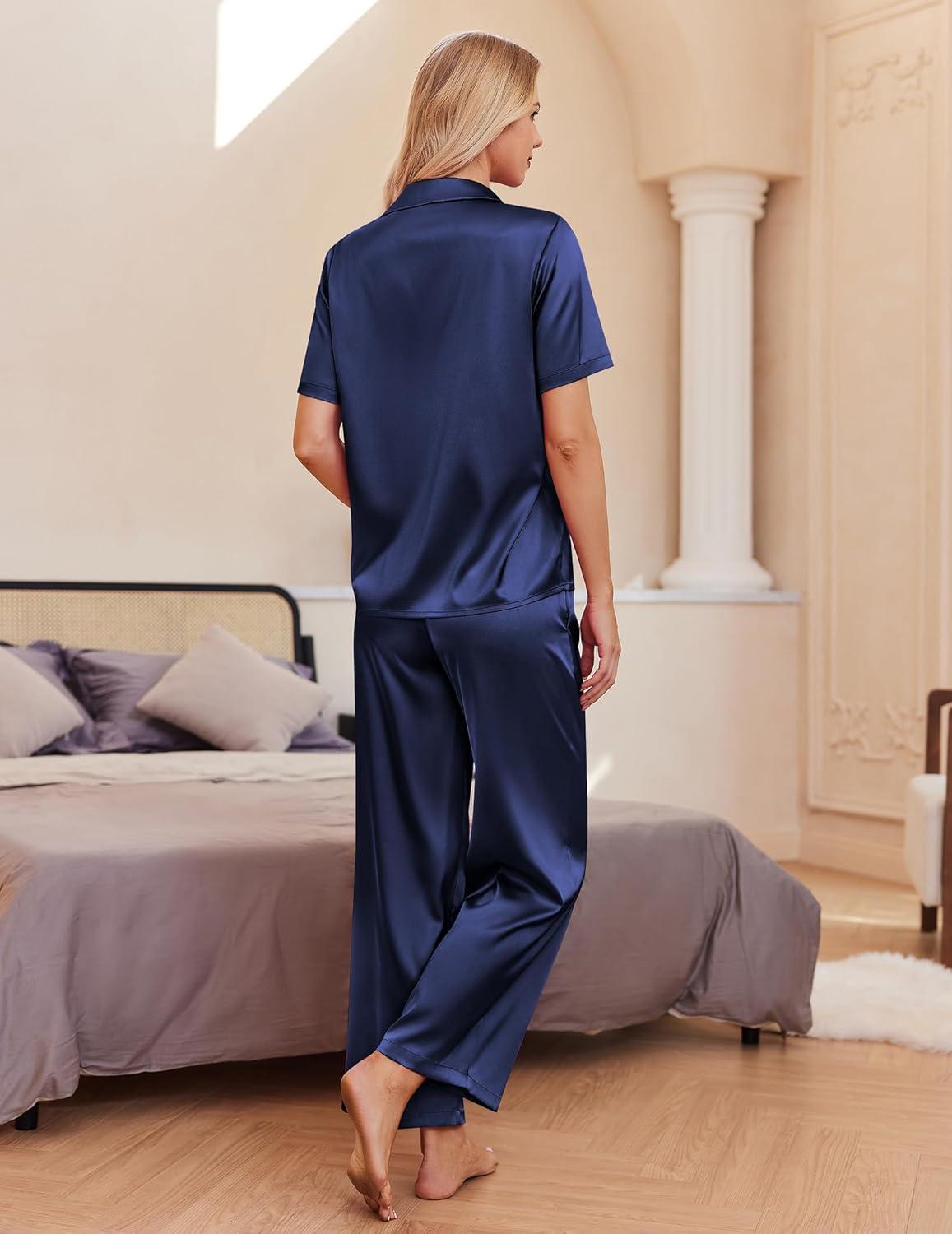 imageEkouaer Silk Pajamas for Womens Set 2 Piece Satin Pjs Soft Button Down Sleepwear Wide Leg Long Pants with PocketsNavy Blue