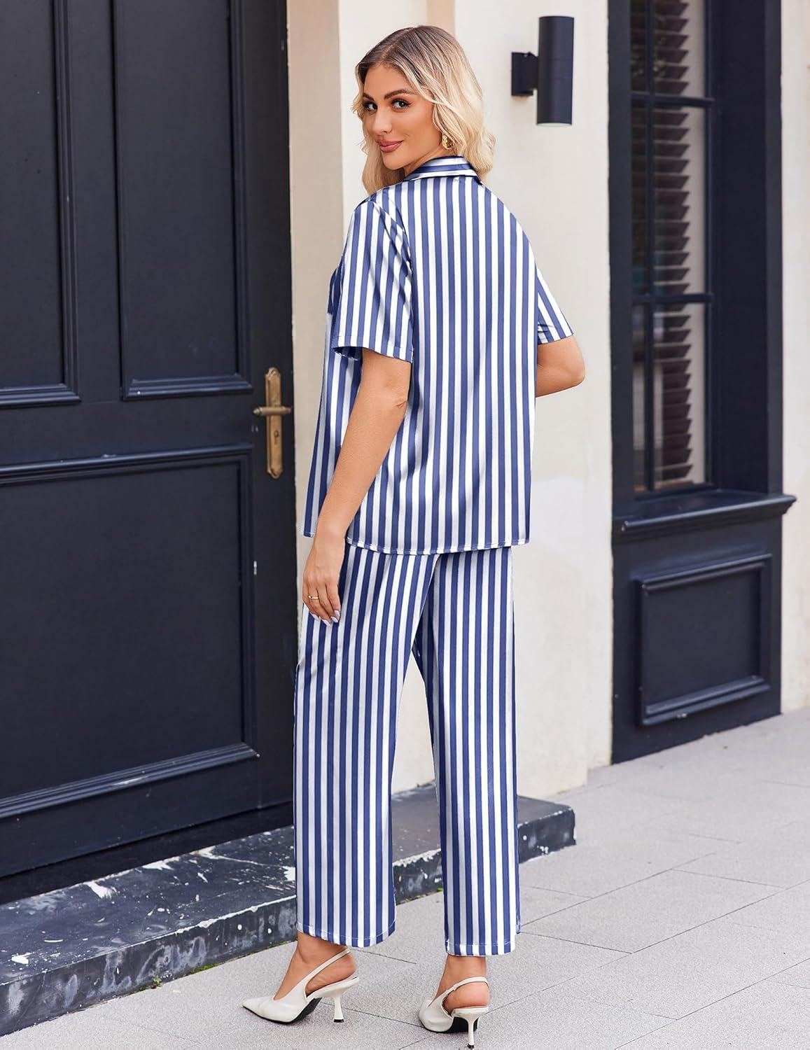 imageEkouaer Silk Pajamas for Womens Set 2 Piece Satin Pjs Soft Button Down Sleepwear Wide Leg Long Pants with PocketsNavy White Stripe