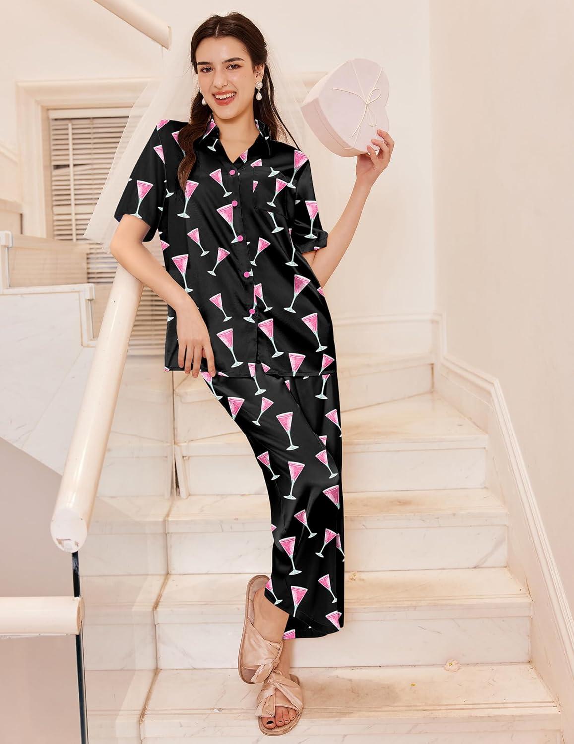 imageEkouaer Silk Pajamas for Womens Set 2 Piece Satin Pjs Soft Button Down Sleepwear Wide Leg Long Pants with PocketsNavypink Wine Glass