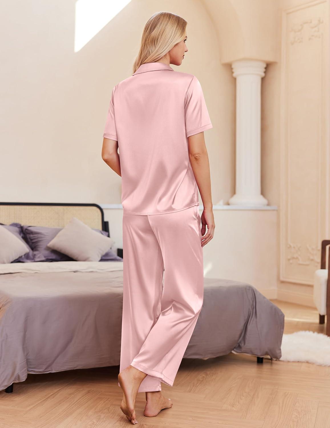 imageEkouaer Silk Pajamas for Womens Set 2 Piece Satin Pjs Soft Button Down Sleepwear Wide Leg Long Pants with PocketsPink