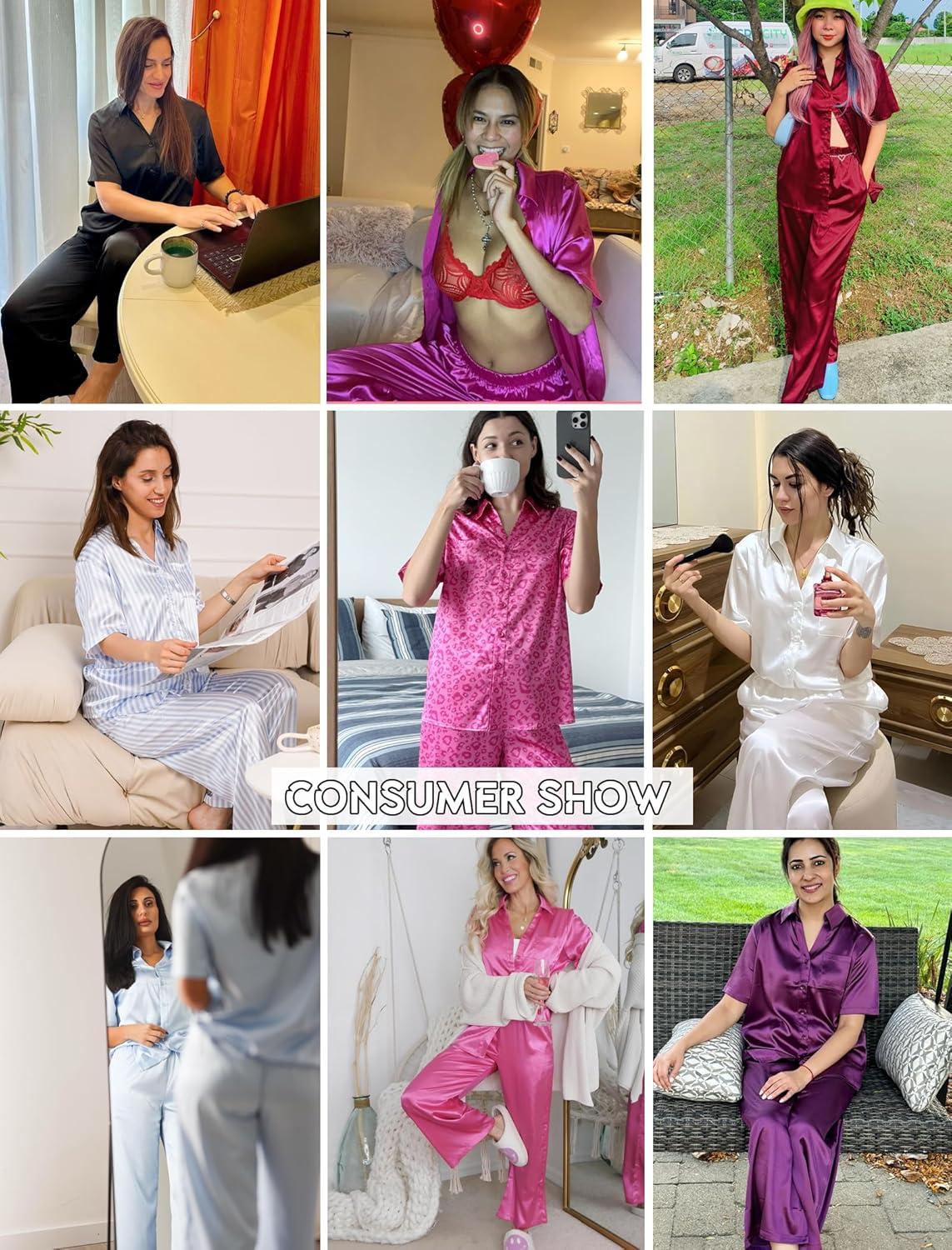 imageEkouaer Silk Pajamas for Womens Set 2 Piece Satin Pjs Soft Button Down Sleepwear Wide Leg Long Pants with PocketsPink Leopard