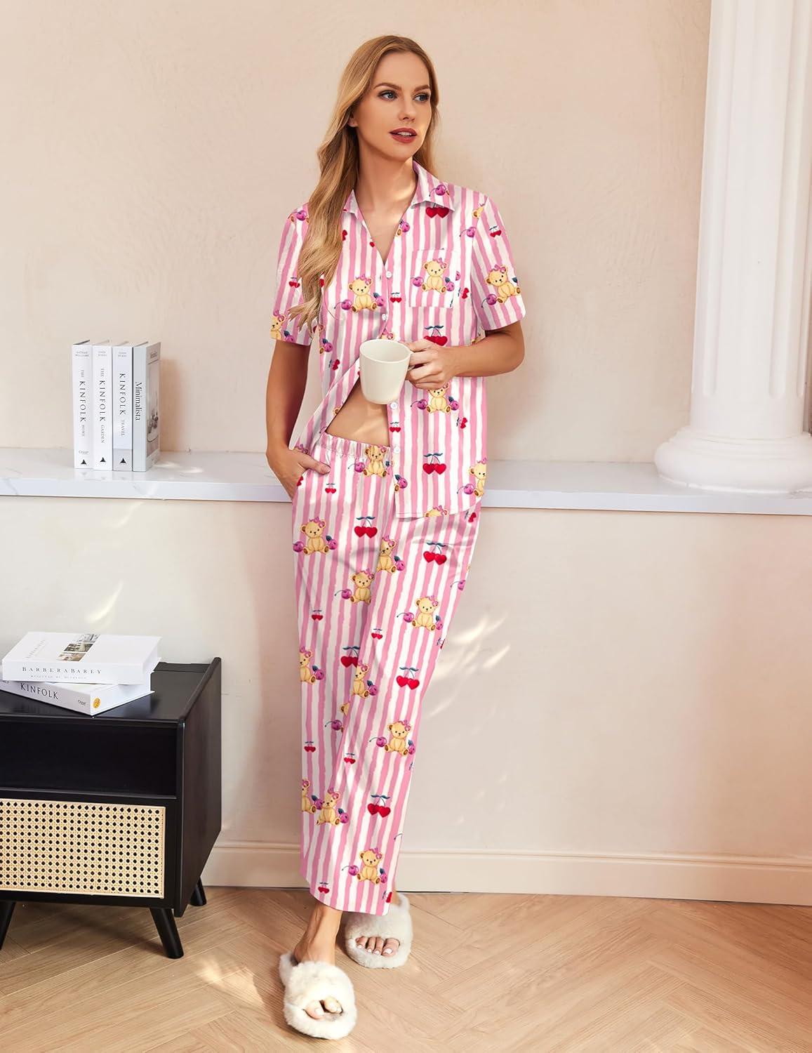 imageEkouaer Silk Pajamas for Womens Set 2 Piece Satin Pjs Soft Button Down Sleepwear Wide Leg Long Pants with PocketsPink Striped Teddy