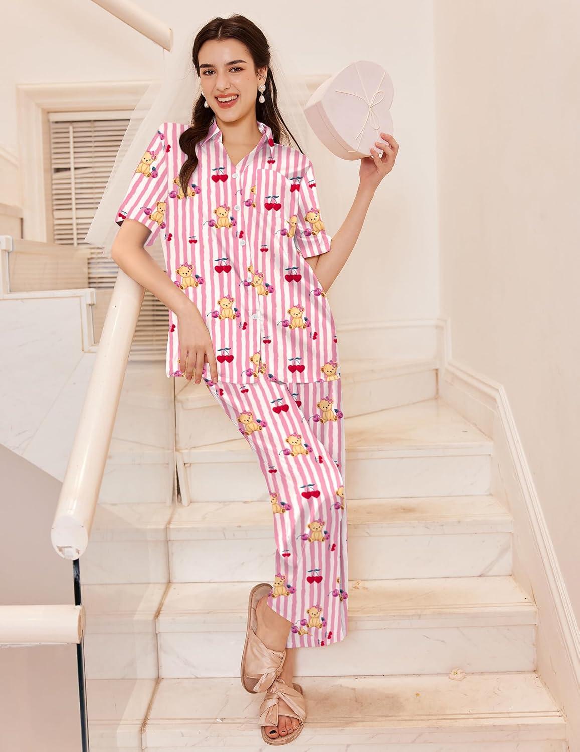 imageEkouaer Silk Pajamas for Womens Set 2 Piece Satin Pjs Soft Button Down Sleepwear Wide Leg Long Pants with PocketsPink Striped Teddy