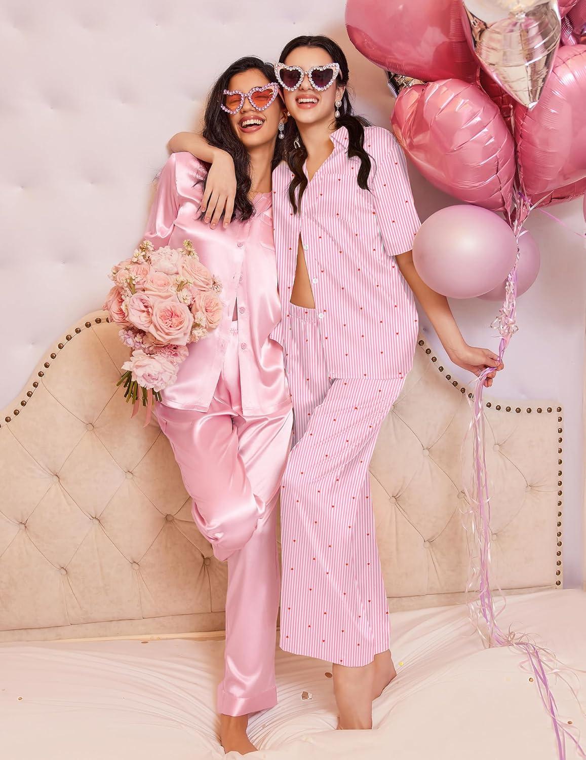 imageEkouaer Silk Pajamas for Womens Set 2 Piece Satin Pjs Soft Button Down Sleepwear Wide Leg Long Pants with PocketsPink Stripeheart