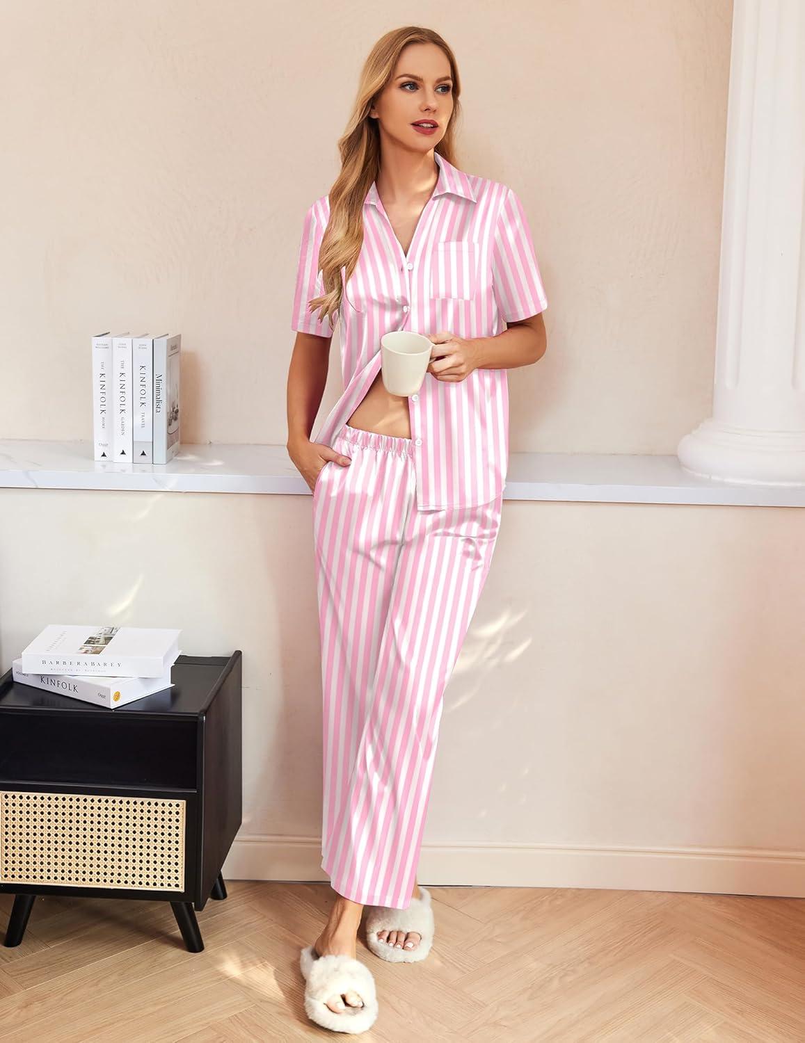 imageEkouaer Silk Pajamas for Womens Set 2 Piece Satin Pjs Soft Button Down Sleepwear Wide Leg Long Pants with PocketsPink White Stripe