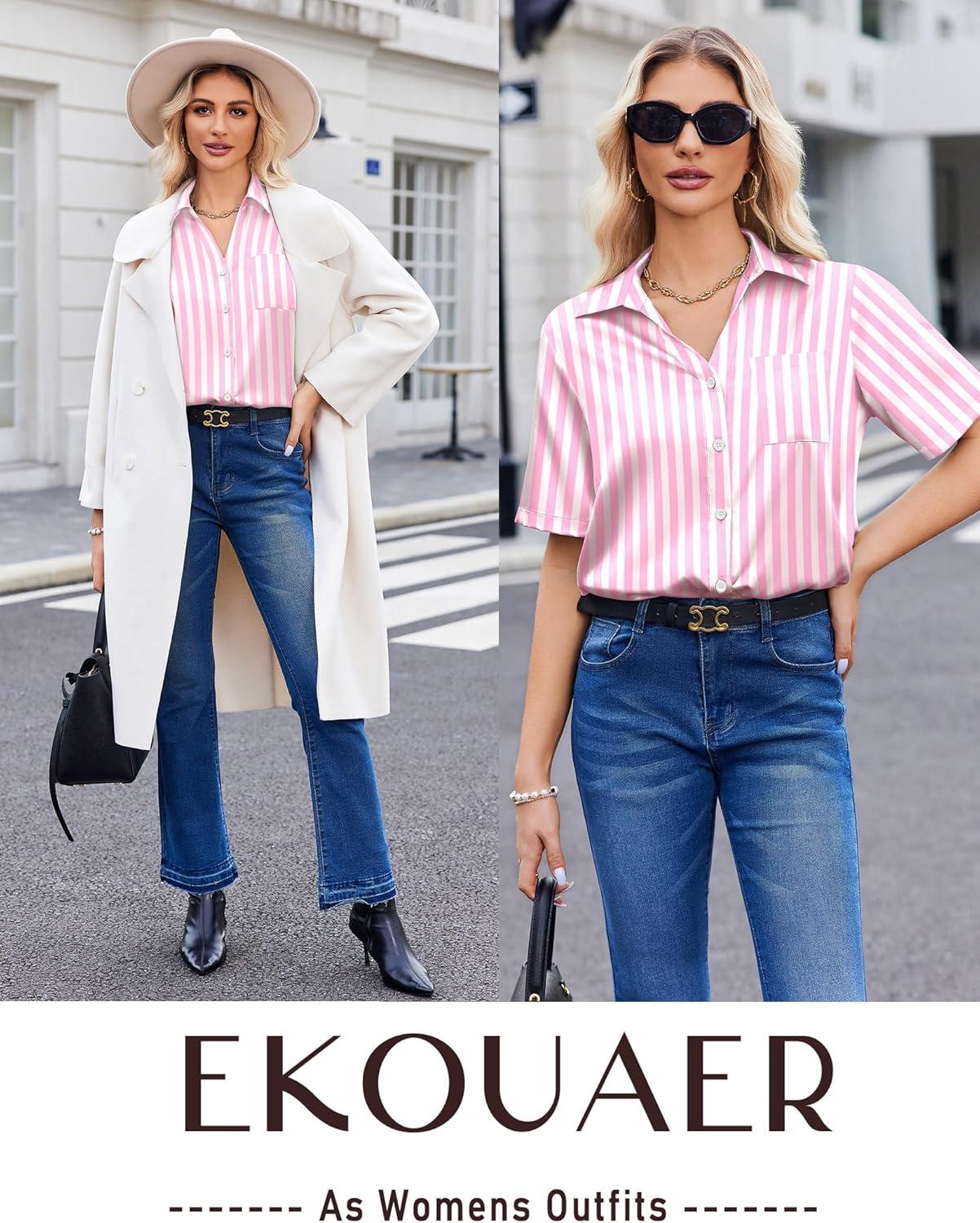 imageEkouaer Silk Pajamas for Womens Set 2 Piece Satin Pjs Soft Button Down Sleepwear Wide Leg Long Pants with PocketsPink White Stripe