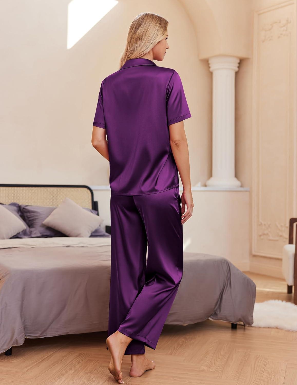 imageEkouaer Silk Pajamas for Womens Set 2 Piece Satin Pjs Soft Button Down Sleepwear Wide Leg Long Pants with PocketsPurple