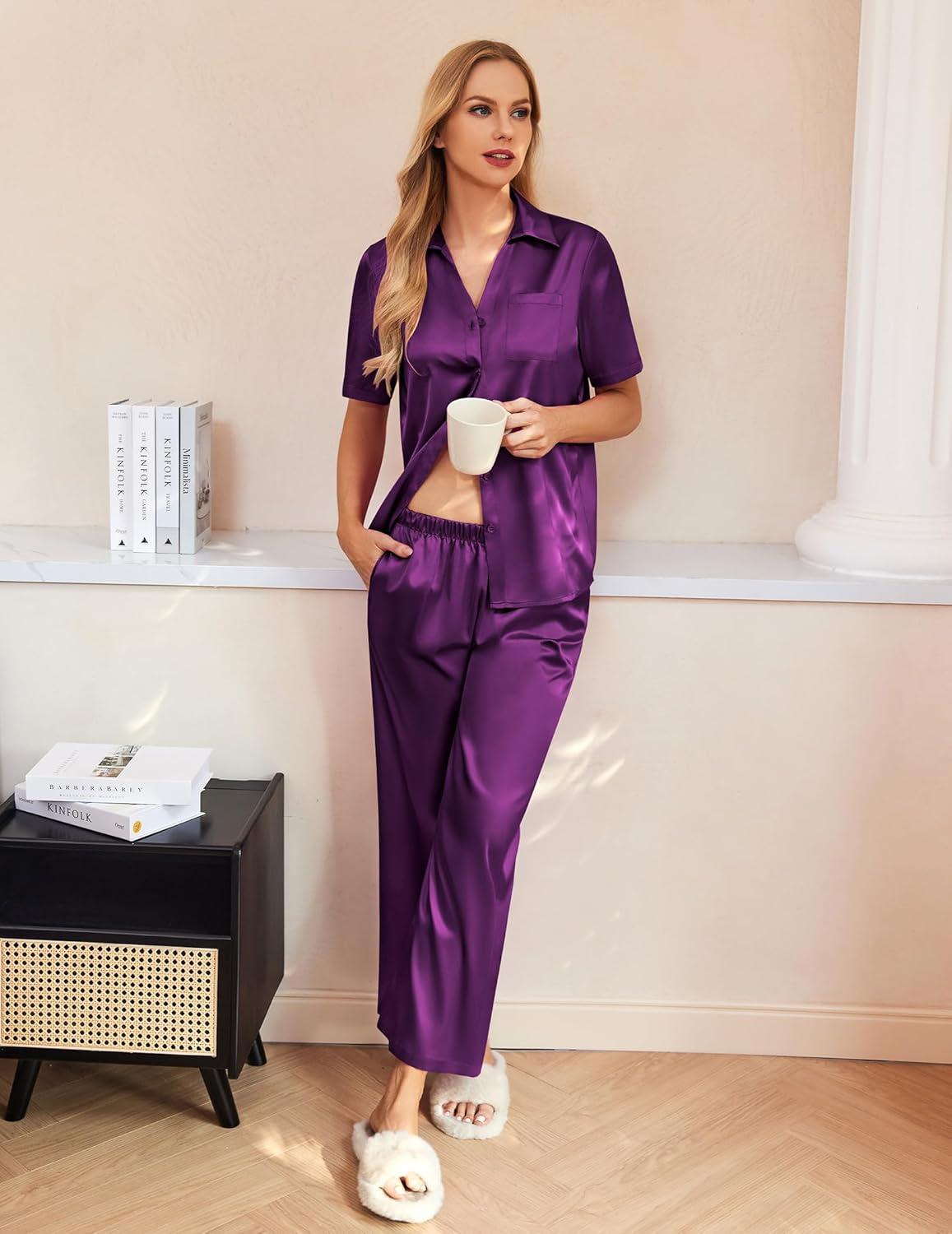 imageEkouaer Silk Pajamas for Womens Set 2 Piece Satin Pjs Soft Button Down Sleepwear Wide Leg Long Pants with PocketsPurple