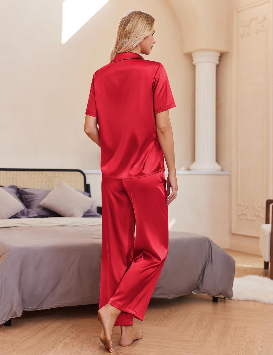 imageEkouaer Silk Pajamas for Womens Set 2 Piece Satin Pjs Soft Button Down Sleepwear Wide Leg Long Pants with PocketsRed