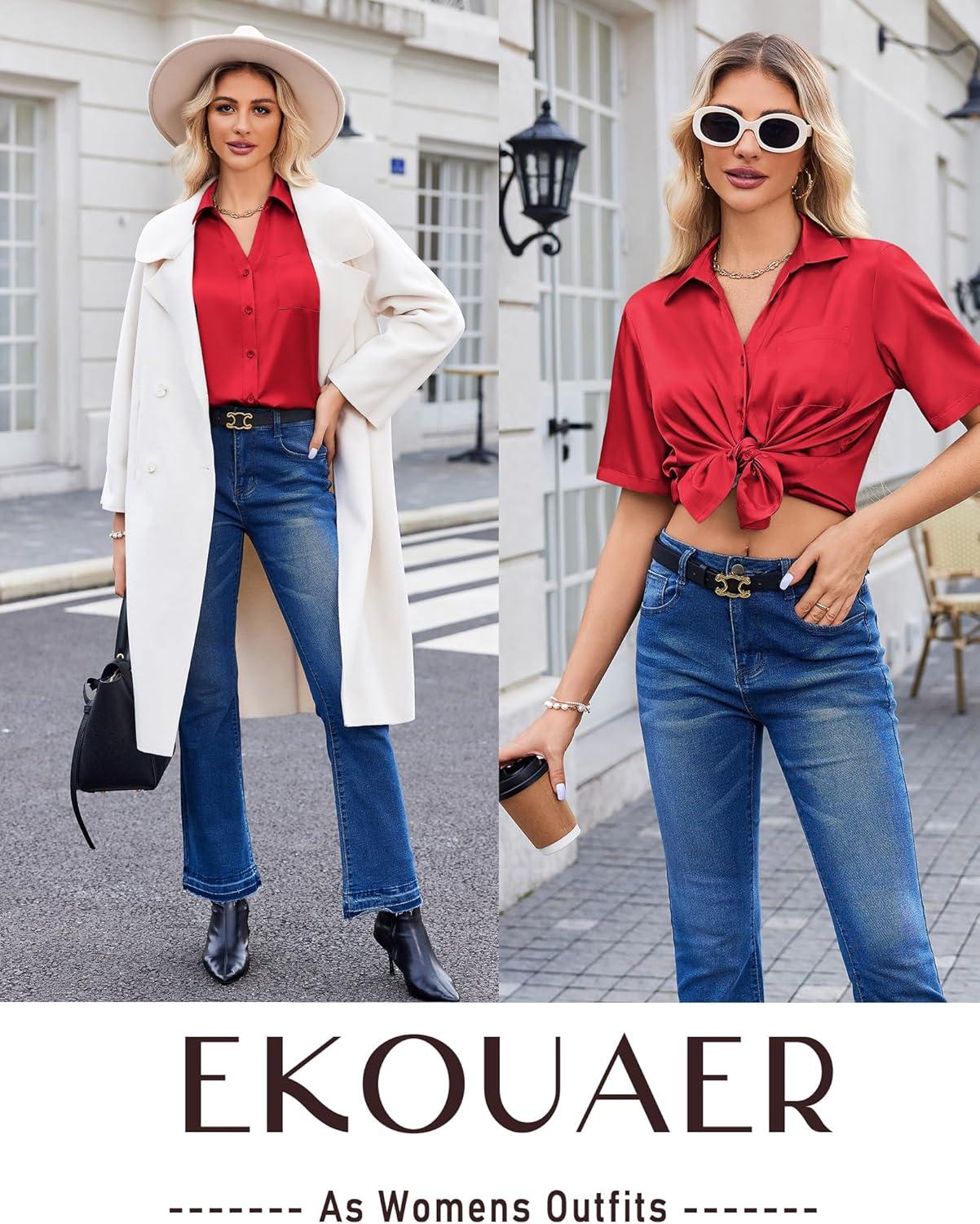 imageEkouaer Silk Pajamas for Womens Set 2 Piece Satin Pjs Soft Button Down Sleepwear Wide Leg Long Pants with PocketsRed