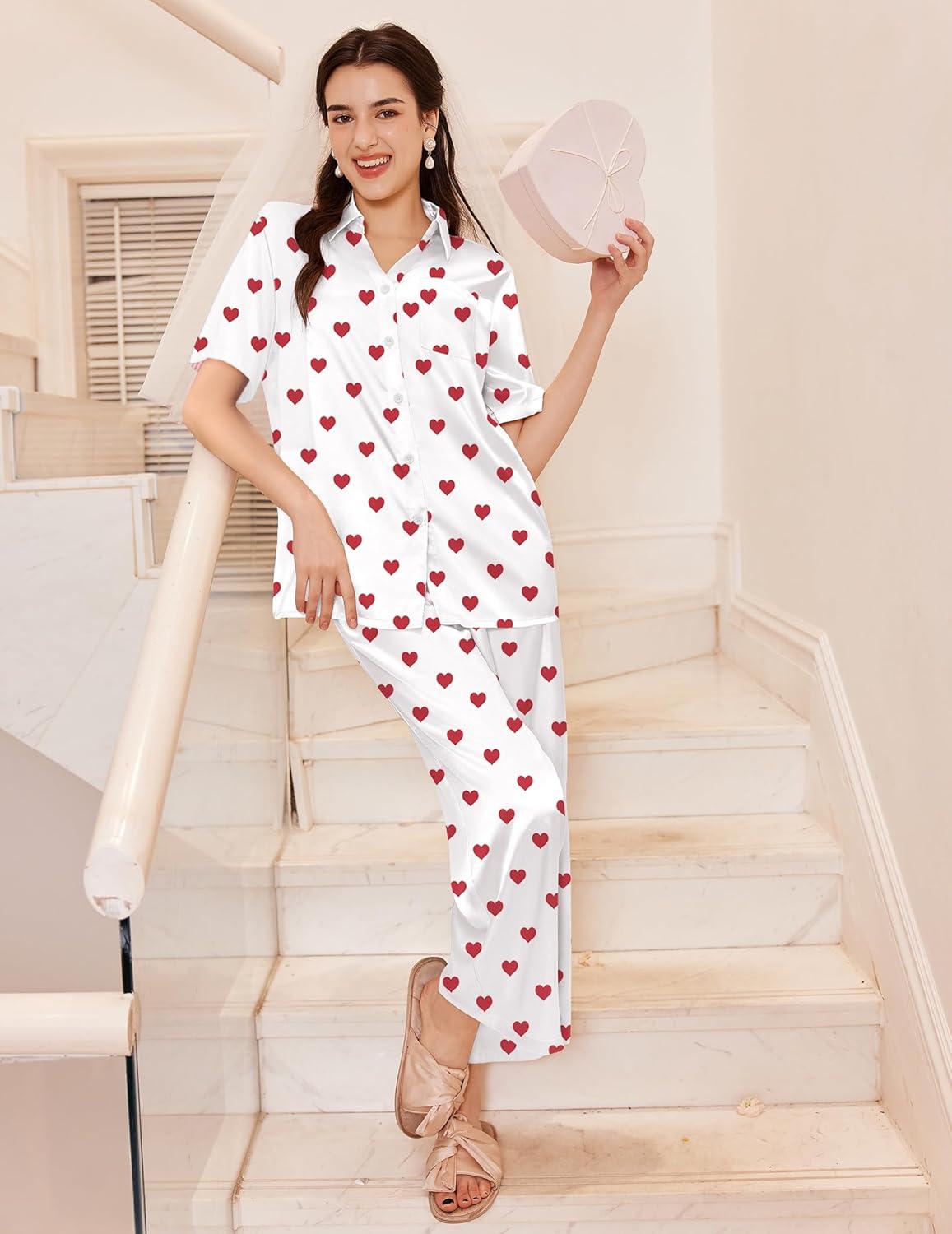 imageEkouaer Silk Pajamas for Womens Set 2 Piece Satin Pjs Soft Button Down Sleepwear Wide Leg Long Pants with PocketsRed Heart