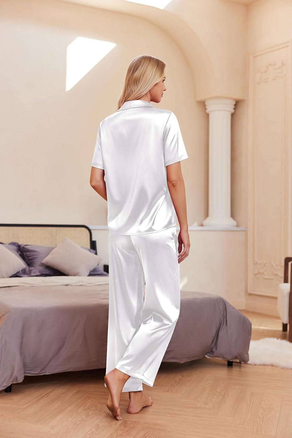 imageEkouaer Silk Pajamas for Womens Set 2 Piece Satin Pjs Soft Button Down Sleepwear Wide Leg Long Pants with PocketsWhite