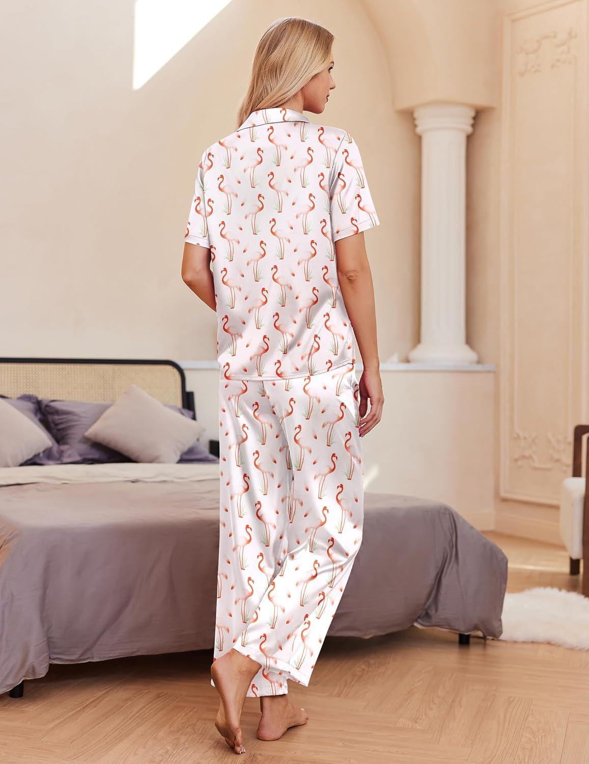 imageEkouaer Silk Pajamas for Womens Set 2 Piece Satin Pjs Soft Button Down Sleepwear Wide Leg Long Pants with PocketsWhite Famingo
