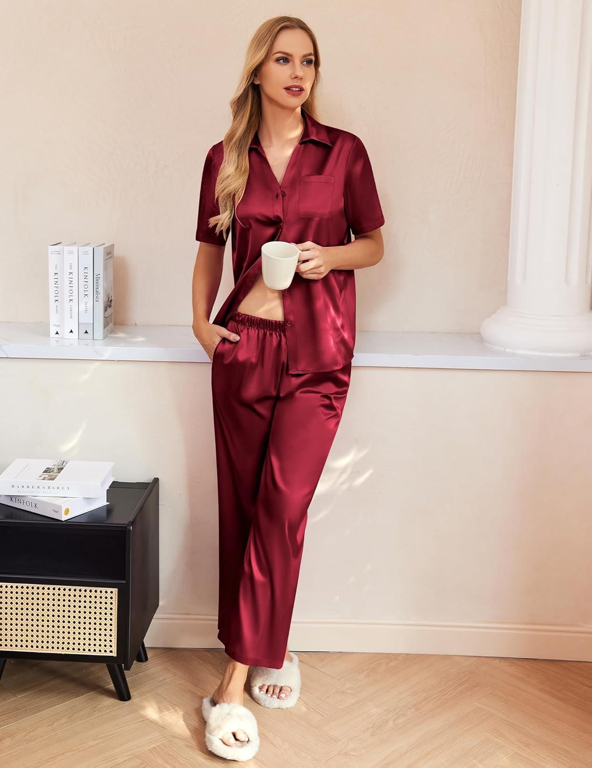 imageEkouaer Silk Pajamas for Womens Set 2 Piece Satin Pjs Soft Button Down Sleepwear Wide Leg Long Pants with PocketsWine Red