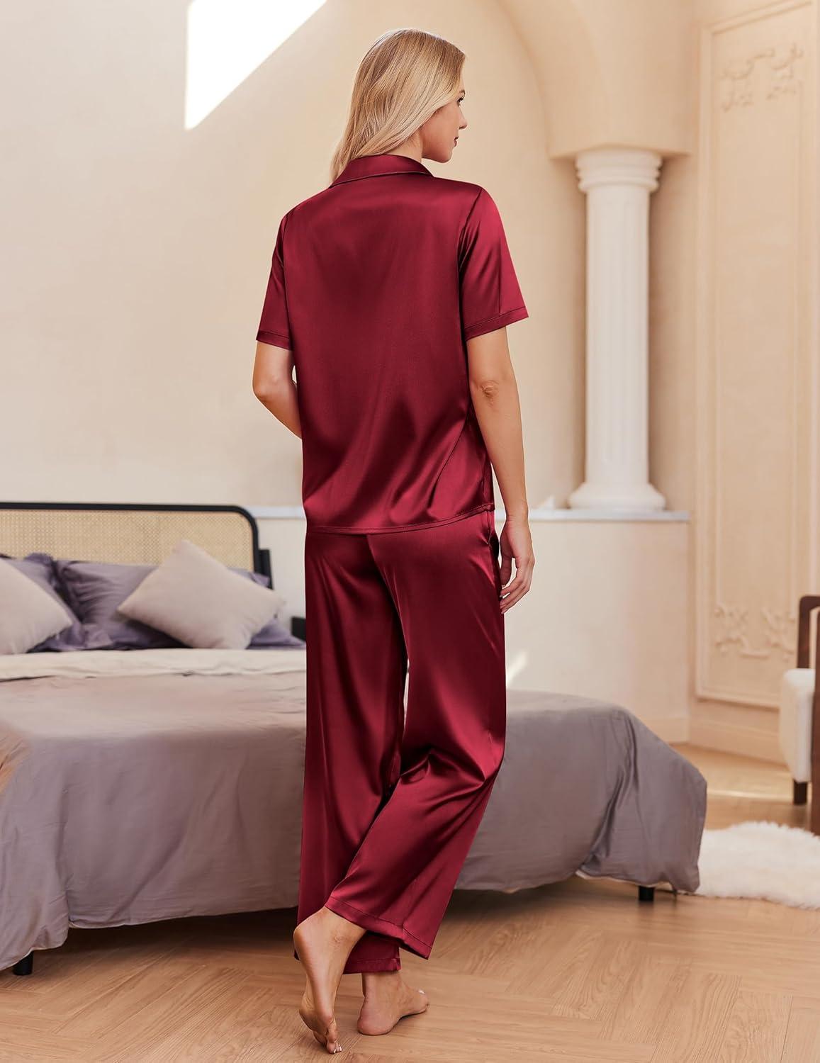 imageEkouaer Silk Pajamas for Womens Set 2 Piece Satin Pjs Soft Button Down Sleepwear Wide Leg Long Pants with PocketsWine Red