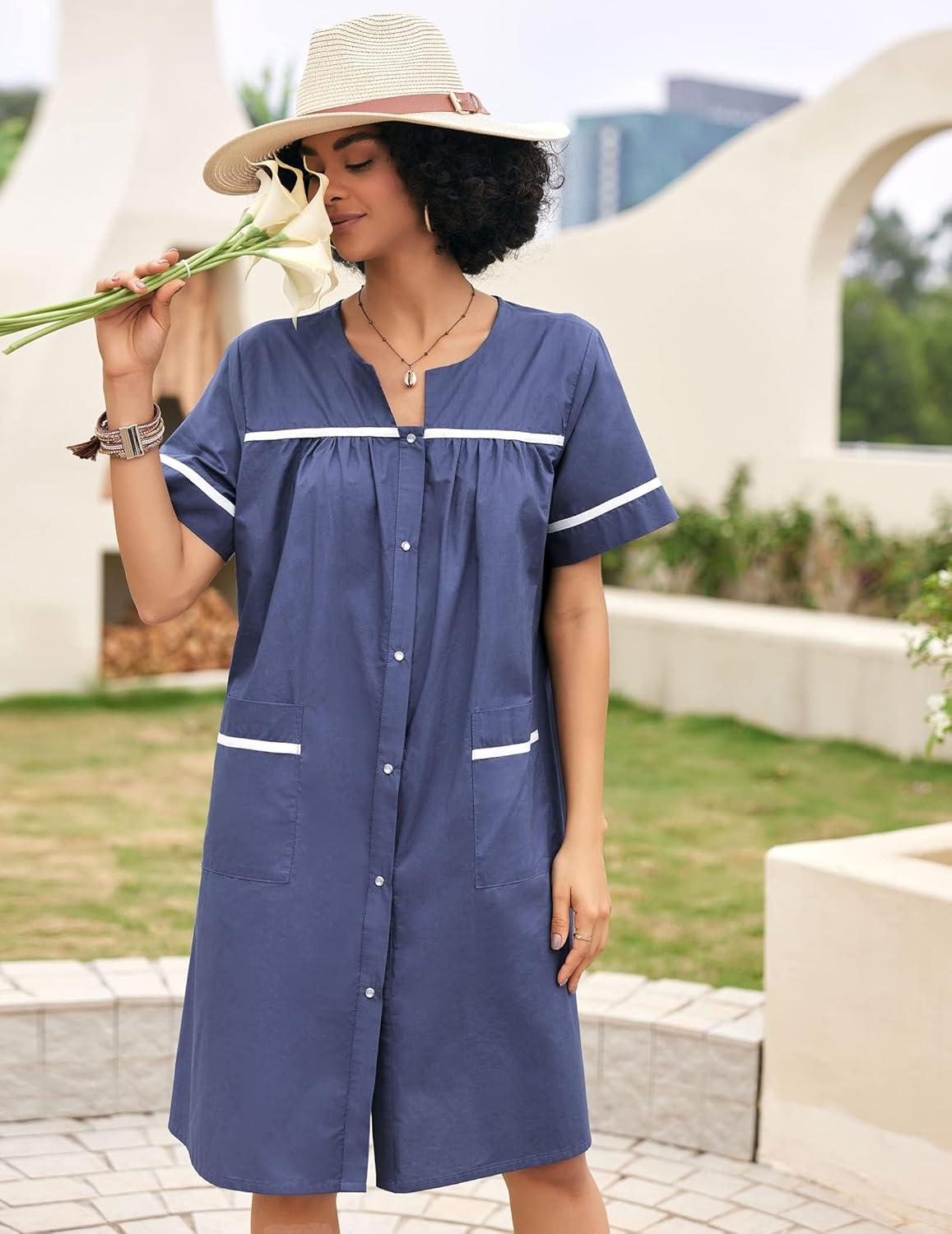 imageEkouaer Sleepwear Womens Snap Front Nightgown Housecoat Cotton Duster Short Sleeve House DressNavy