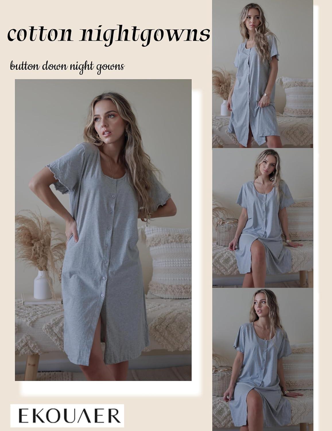 imageEkouaer Womens Cotton Nightgown Ladies Short Sleeve Sleepshirt V Neck Button Down Night Gowns Casual House DressLight Grey