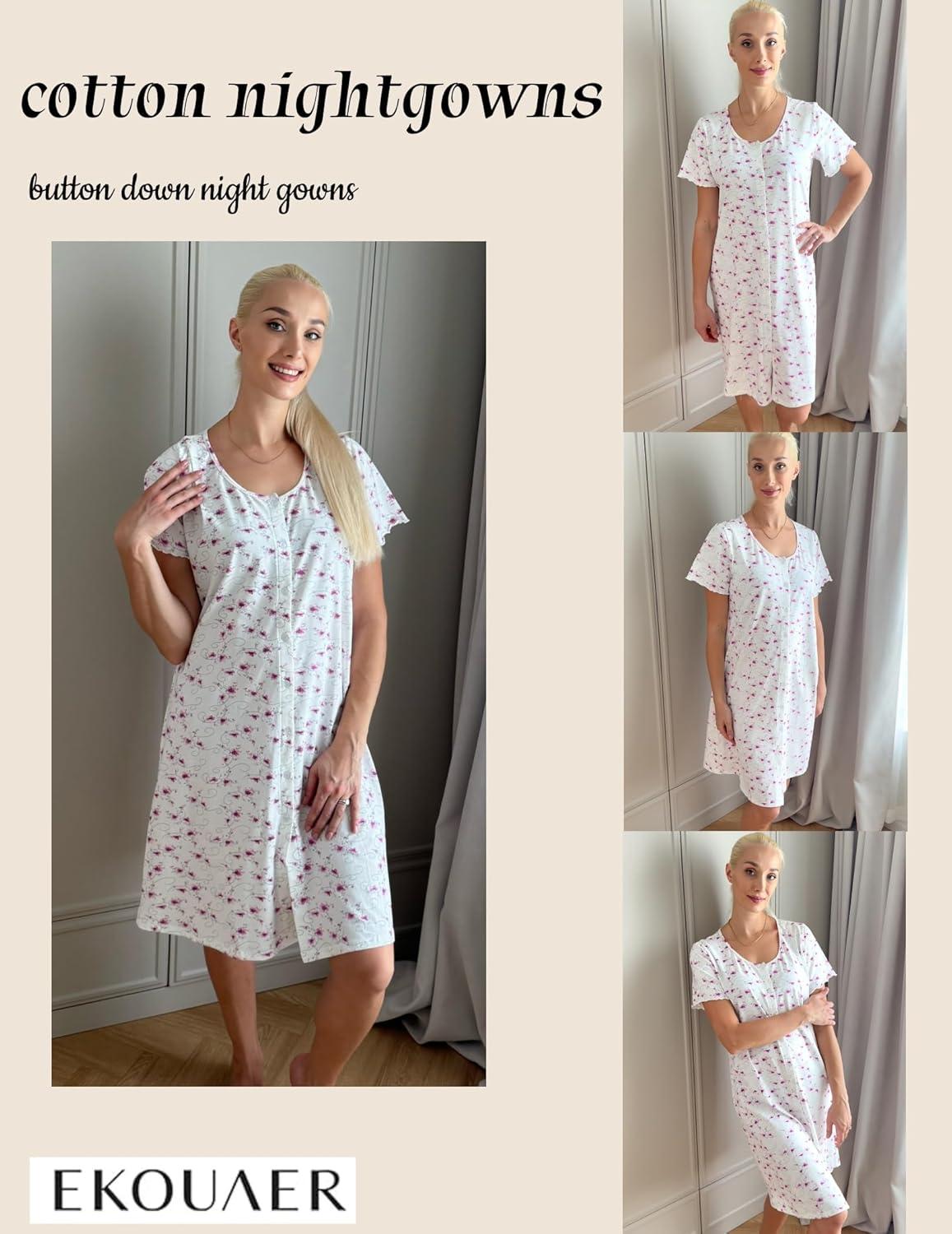 imageEkouaer Womens Cotton Nightgown Ladies Short Sleeve Sleepshirt V Neck Button Down Night Gowns Casual House DressPink Floral