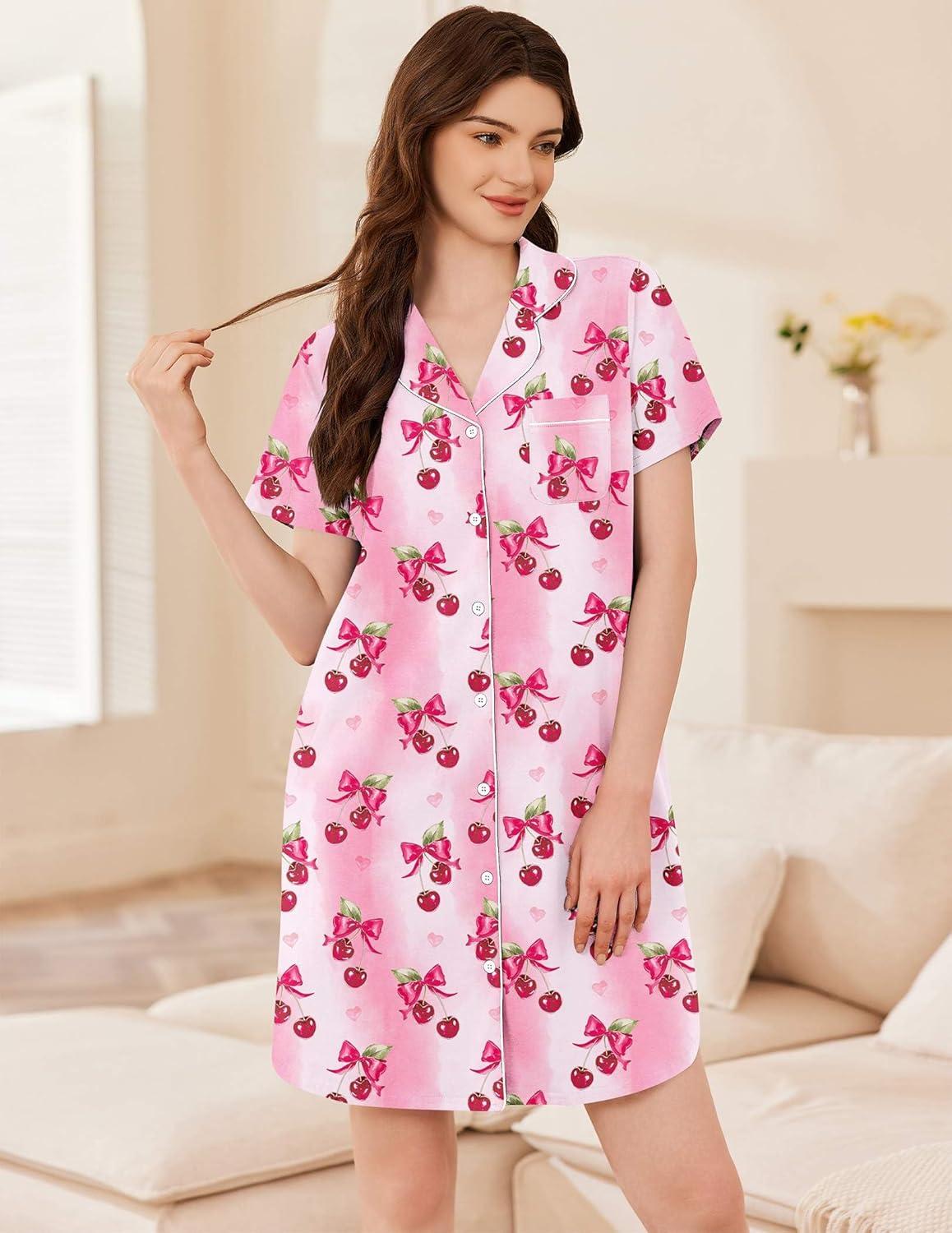 imageEkouaer Womens Cotton Nightgowns Button Down Sleep Shirts Soft Night Shirts Night DressCherry