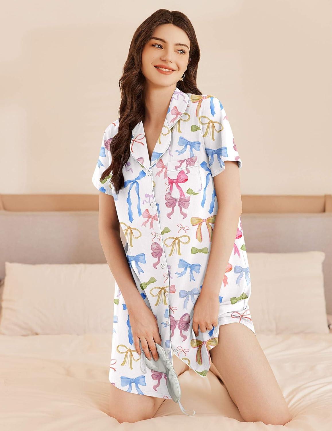 imageEkouaer Womens Cotton Nightgowns Button Down Sleep Shirts Soft Night Shirts Night DressColorful Bow