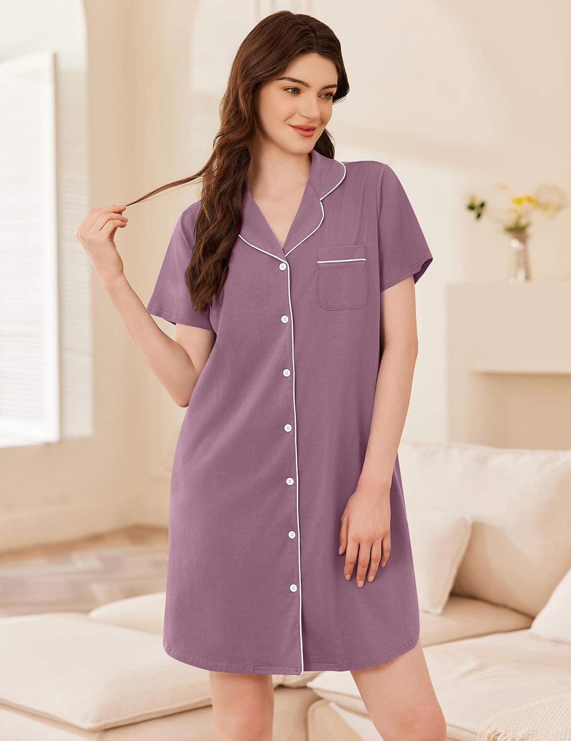 imageEkouaer Womens Cotton Nightgowns Button Down Sleep Shirts Soft Night Shirts Night DressPurple